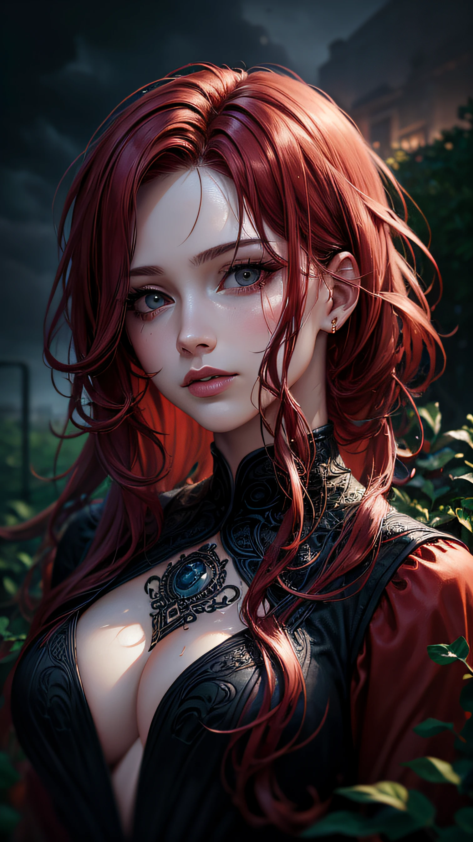 (absurdres, highres, ultra detailed), 1girl, solo, mature, (very long hair, red hair), Baroque, long dress, long sleeve, elegant, colorful, highest detailed, upper body, outdoors, garden