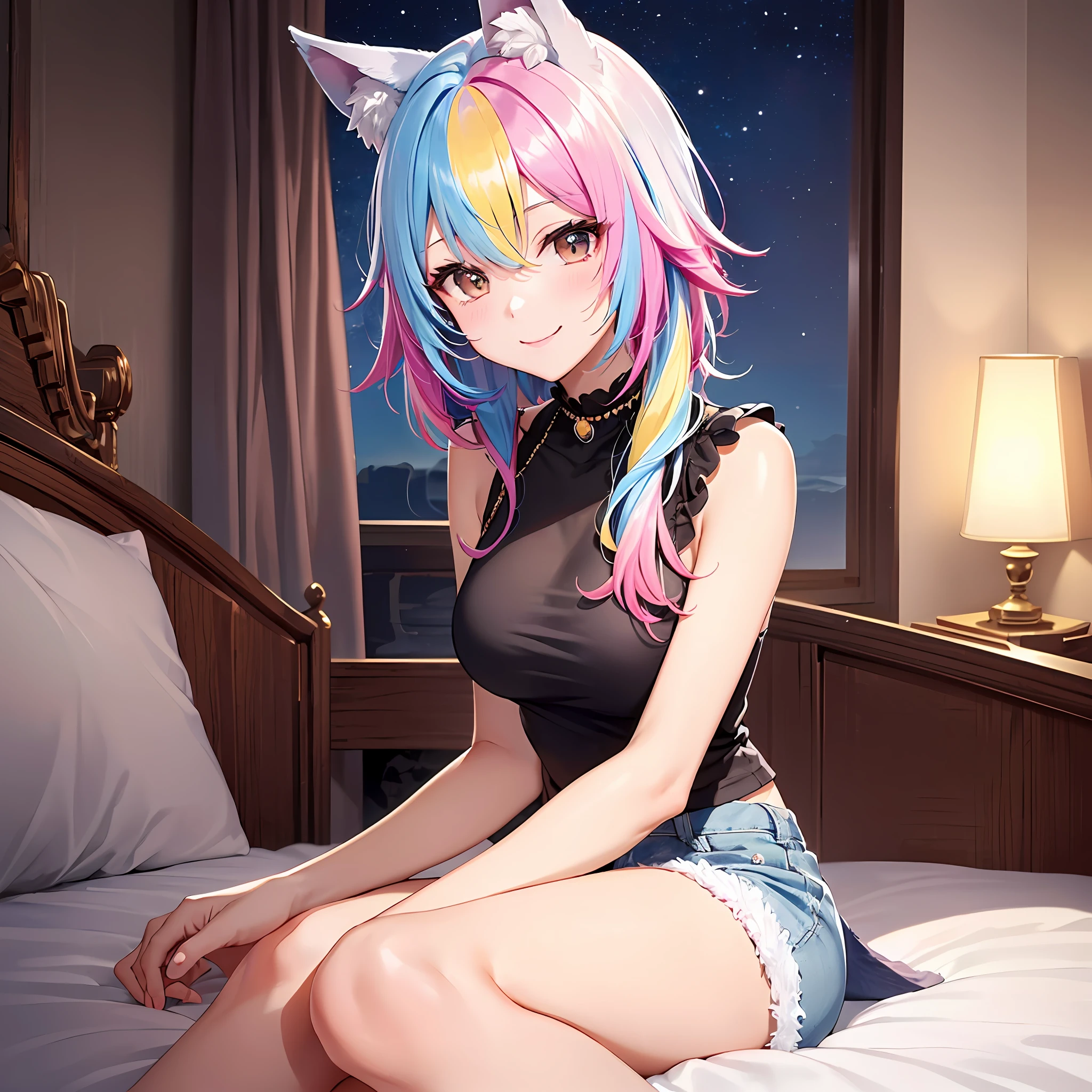 Close up, upper body, 1 girl, smile, wolf ears, wolf tail, random eyes: 10, hair between eyes, split color hair: 5, (((Colorful hair color: 1))))), (((Random hair color: 1)))), Colorful hairstyle: 5, Striped hair, Long hair, hair end jewels, (Cute random Cadeza tank top: 5 random hot pants figure in 5Cute interior with super luxurious bedroom with jewels, AI: 5, (on the bed: 15), laughing embarrassingly looking at the viewer: 15), jewels, AI super luxurious bedroom: 15), blush, night landscape,