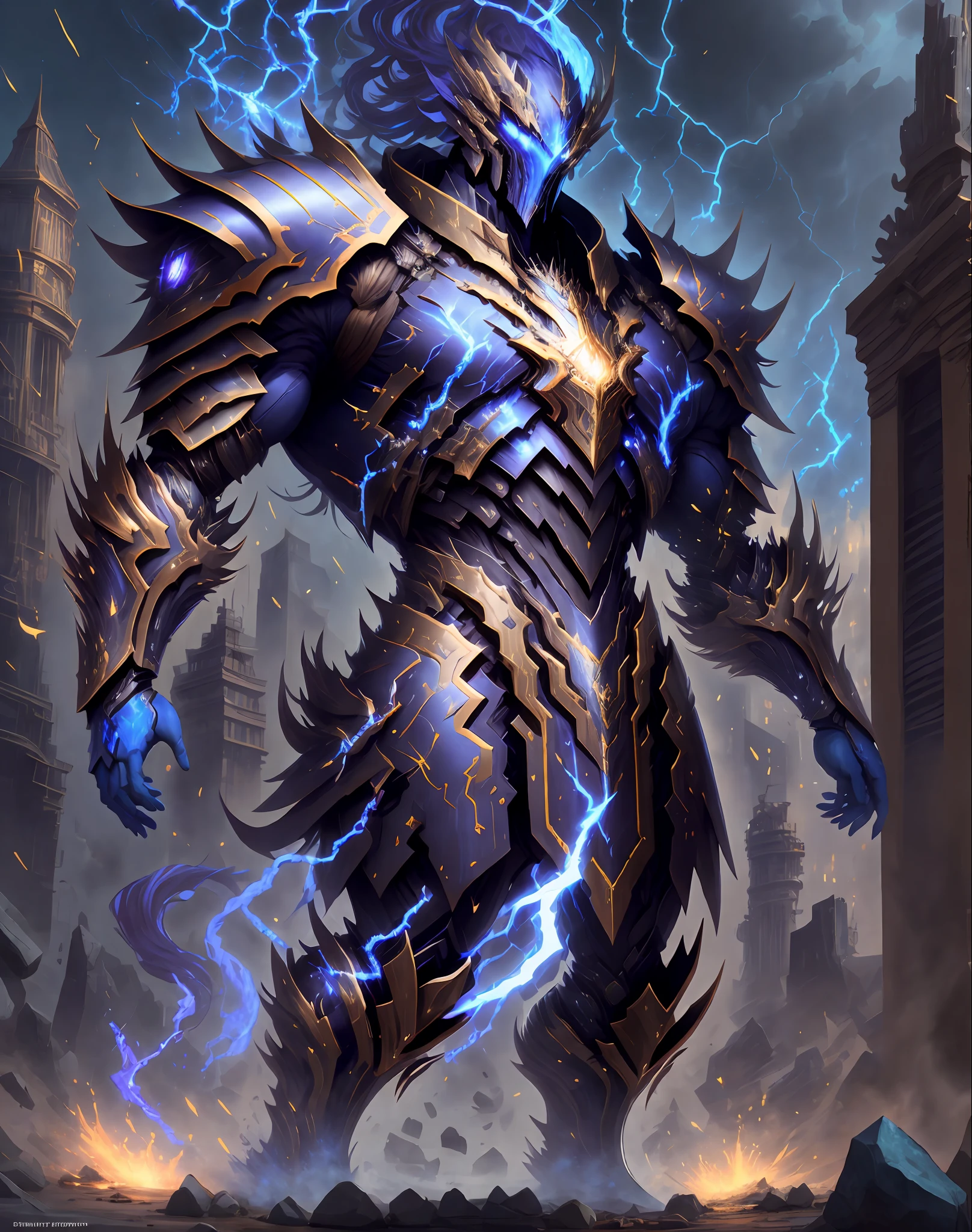 4K, Masterpiece, highres, absurdres,
edgThunderstruck, a male character with a blue and gold armor ,wearing edgThunderstruck_armor, electrified, weilding thunder