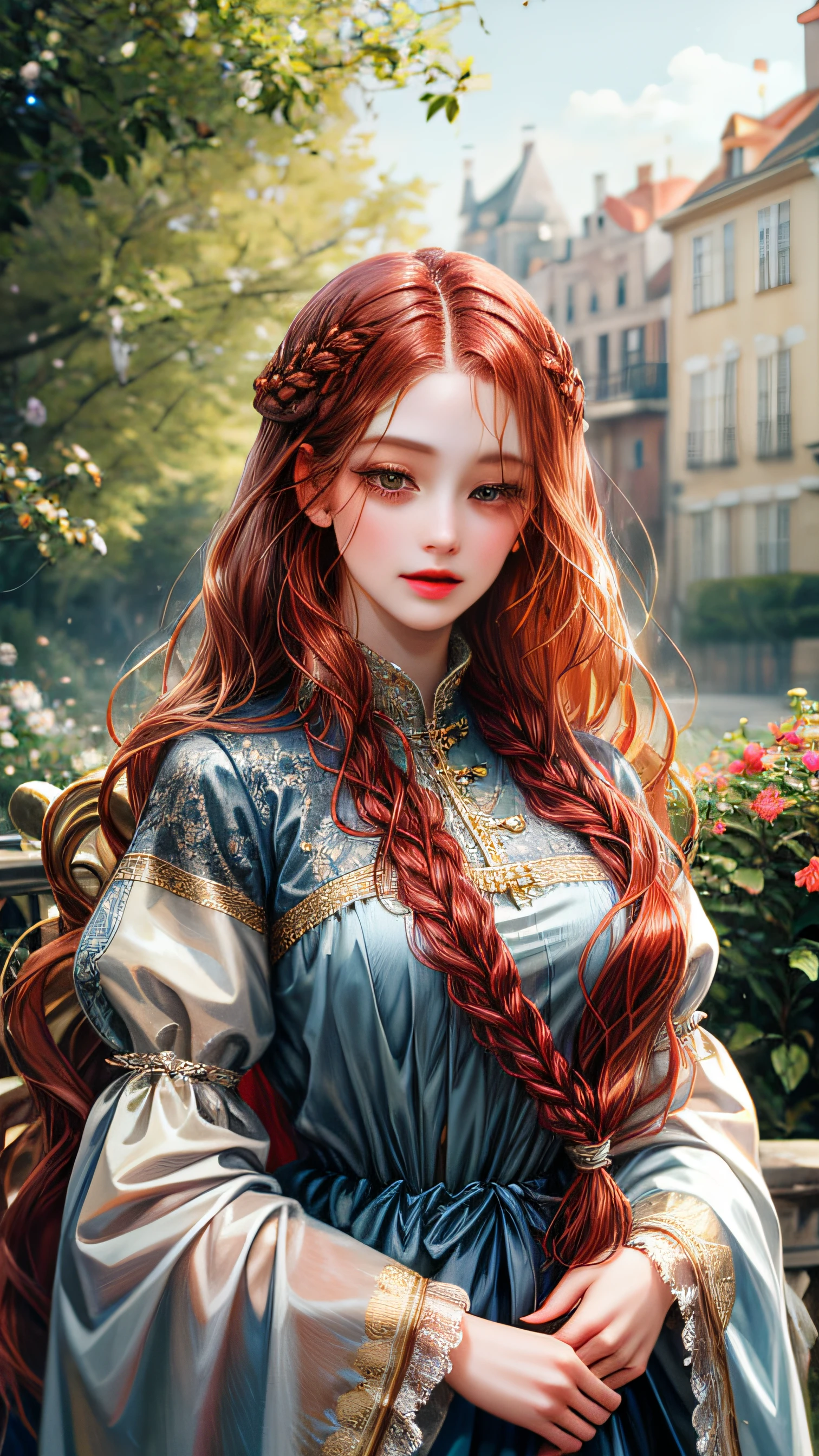 (absurdres, highres, ultra detailed), 1girl, solo, mature, (very long hair, red hair), Baroque, long dress, long sleeve, elegant, colorful, highest detailed, upper body, outdoors, garden