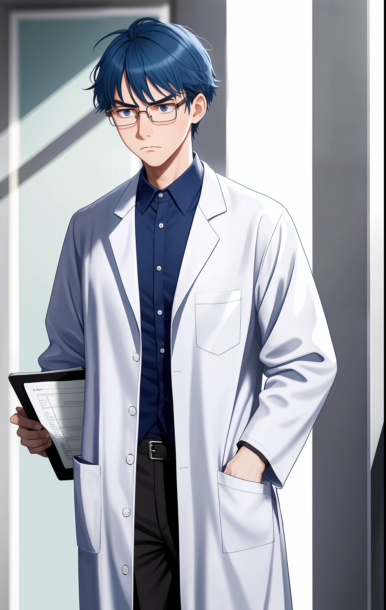 Shy young man, wearing lab coat, second to a clipboard, blue hair, look of shame, scowling, wearing glasses