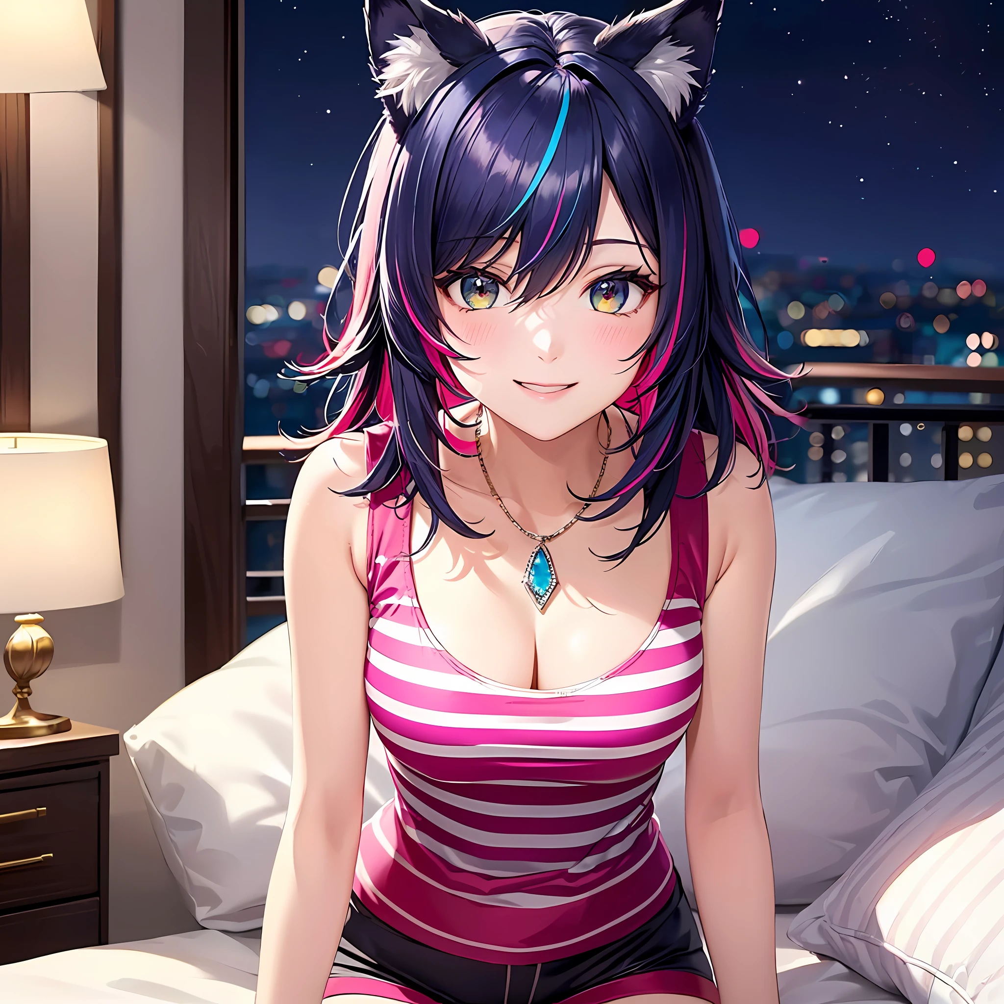 Close up, upper body, 1 girl, smile, wolf ears, wolf tail, random eyes: 10, hair between eyes, split color hair: 5, (((Colorful hair color: 1))))), (((Random hair color: 1)))), Colorful hairstyle: 5, Striped hair, Long hair, hair end jewels, (Cute random Cadeza tank top: 5 random hot pants figure in 5Cute interior with super luxurious bedroom with jewels, AI: 5, (on the bed: 15), laughing embarrassingly looking at the viewer: 15), jewels, AI super luxurious bedroom: 15), blush, night landscape,