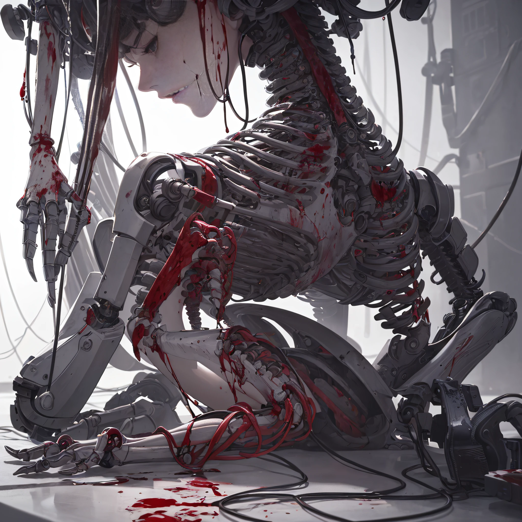(masterpiece, top quality, best quality, official art, beautiful and aesthetic:1.2), (1girl:1.3), extreme detailed,colorful,highest detailed ((ultra-detailed)), (highly detailed CG illustration), ((an extremely delicate and beautiful)),(from side),cinematic light,((1mechanical girl)),solo,full body,(machine made joints:1.2),((machanical limbs)),(blood vessels connected to tubes),(mechanical vertebra attaching to back),((mechanical cervial attaching to neck)),(sitting),expressionless,(wires and cables attaching to neck:1.2),(wires and cables on head:1.2)(character focus),science fiction,white background,(blood:1.5) --auto