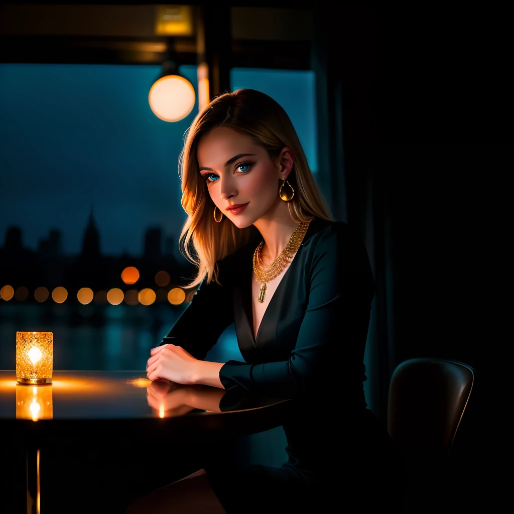 1 Caucasian woman 30 years (face with French, British, German features), long blonde hair, turquoise blue eyes, proportional body, sparkling black dress golden earrings gold necklace, looking unpretentiously at the viewer, best quality, ultra-realistic photo HD 8k detailed, sitting at the table of the Ritz in New York at night, best smile, cinematic light, natural lighting, ultra high resolution,  best shadow, close-up 1:2