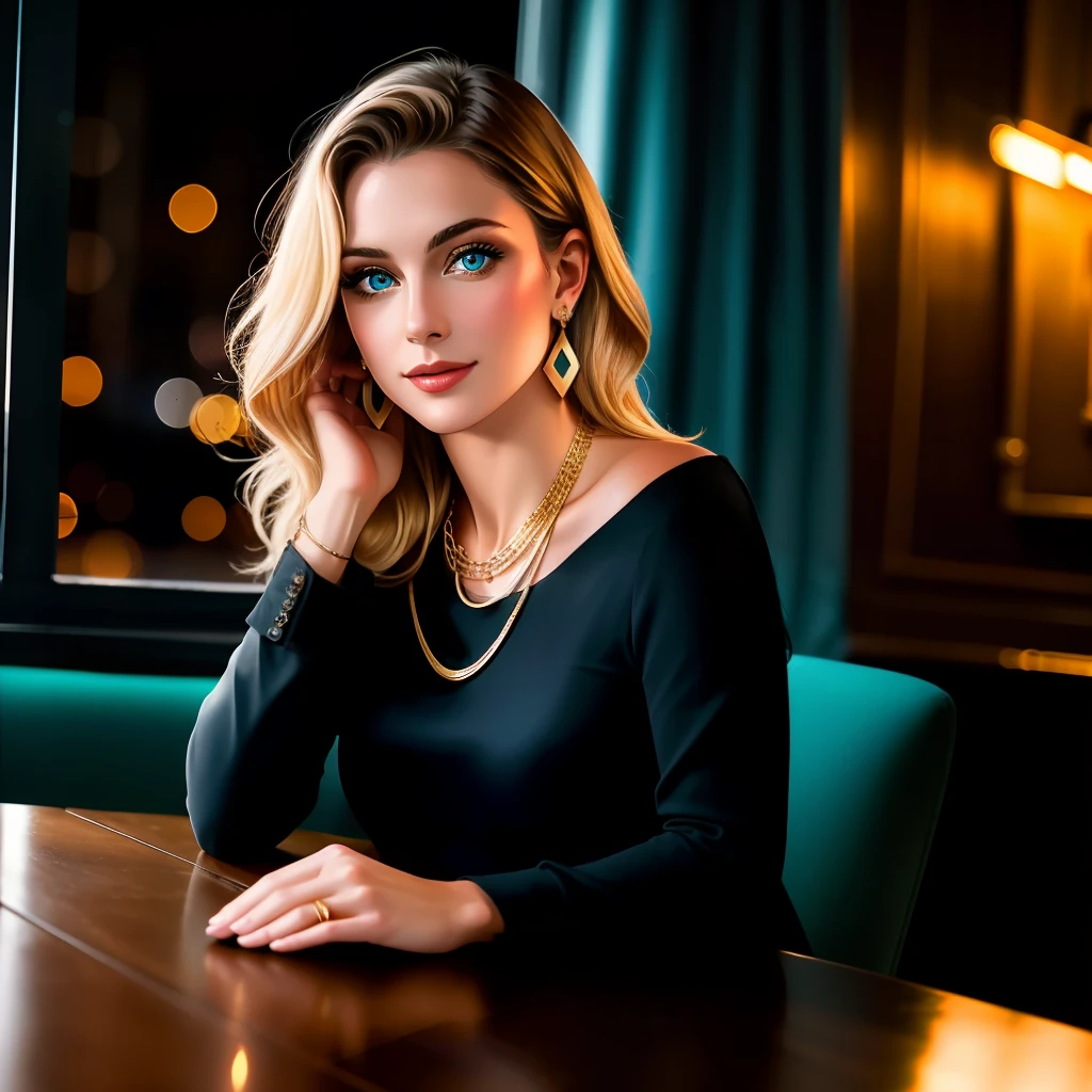 1 Caucasian woman 30 years (face with French, British, German features), long blonde hair, turquoise blue eyes, proportional body, sparkling black dress golden earrings gold necklace, looking unpretentiously at the viewer, best quality, ultra-realistic photo HD 8k detailed, sitting at the table of the Ritz in New York at night, best smile, cinematic light, natural lighting, ultra high resolution,  best shadow, close-up 1:2