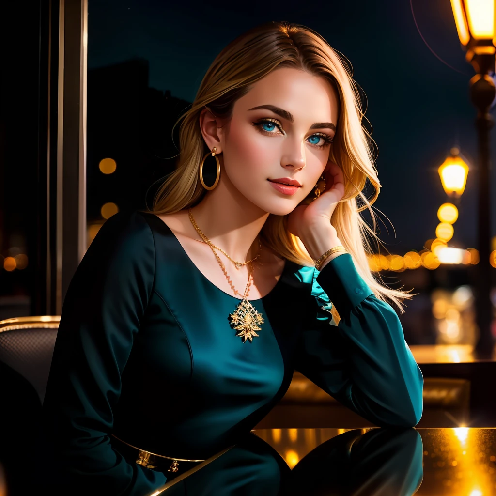 1 Caucasian woman 30 years (face with French, British, German features), long blonde hair, turquoise blue eyes, proportional body, sparkling black dress golden earrings gold necklace, looking unpretentiously at the viewer, best quality, ultra-realistic photo HD 8k detailed, sitting at the table of the Ritz in New York at night, best smile, cinematic light, natural lighting, ultra high resolution, best shadow, close-up 1:2
