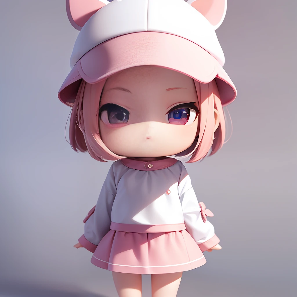 PopMart blind box IP, super cute girl in pig-shaped hat, technical elements, fashionable clothes, streamlined 3D/C4D production: 8K HD image quality / lighting / ultra-fine lens depiction 1.5, perfect, chibi background / cinematic feeling.