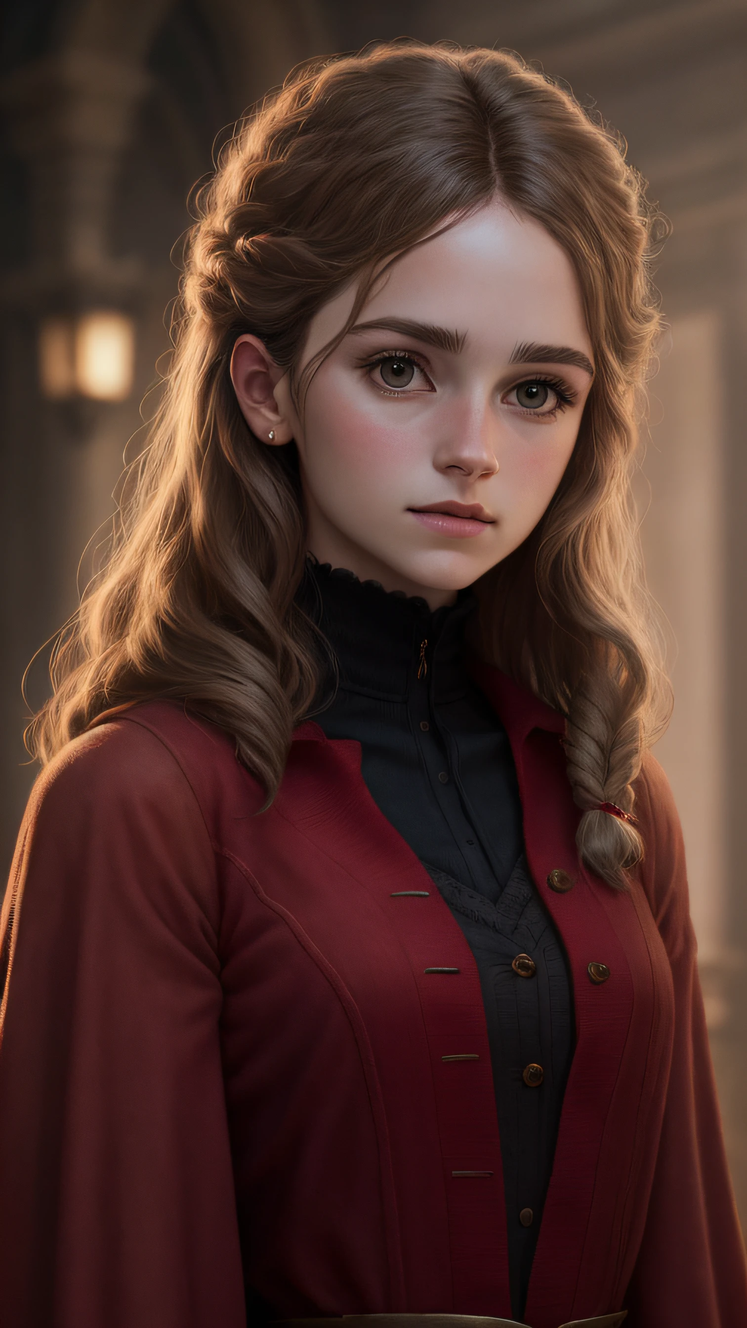 portrait Hermione wearing a beautiful red,cinematic, ultra-detailed, 16k resolution):