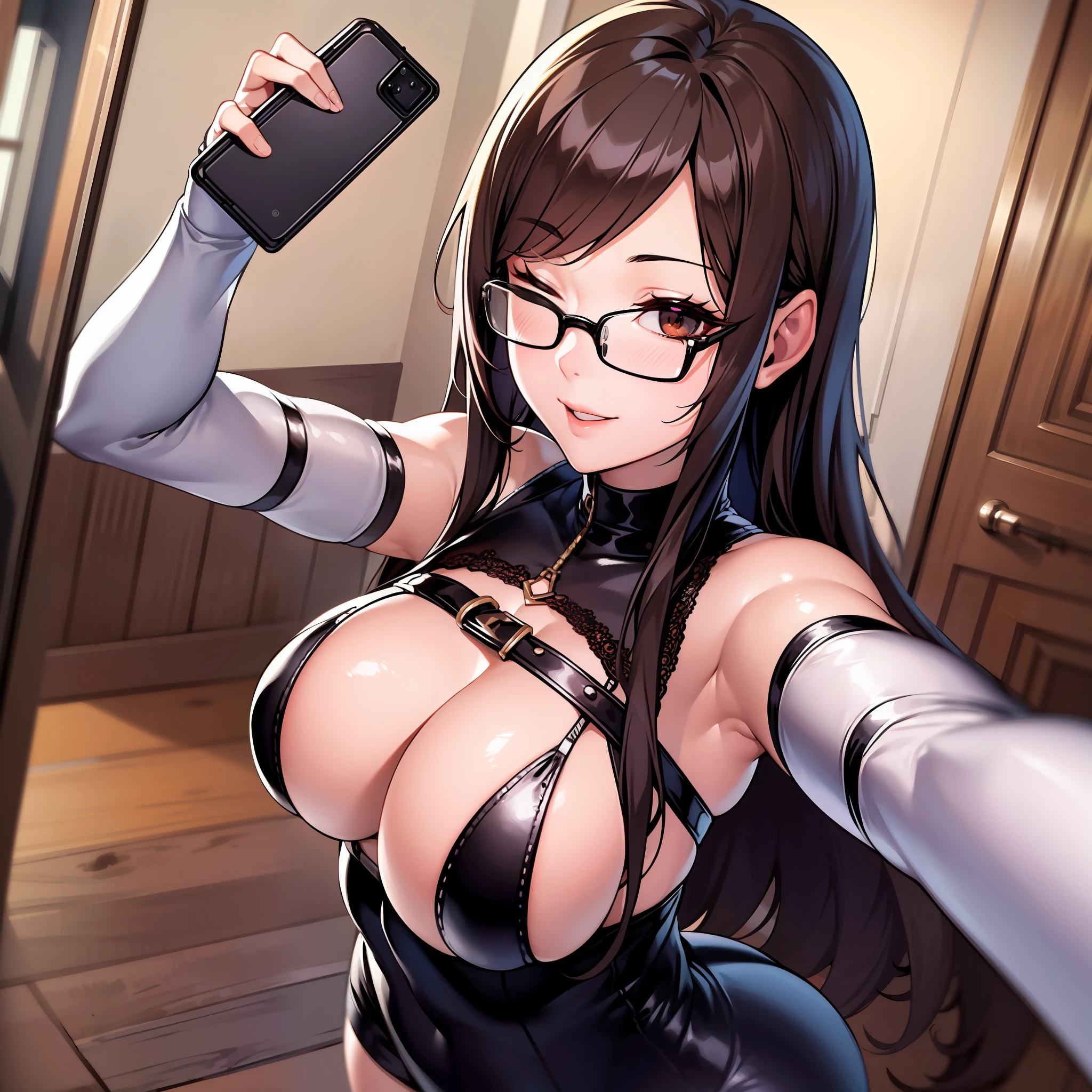 1 anime girl, solo, brunette, long straight hair, brown eyes, square glasses, wearing a black slingshot,revealing slingshot, big boobs, showcasing her big breasts, taking a selfie, winking an eye, one eye closed, lustful expression on her face, high angle, looking at the viewer, interior of a house, 8k, best quality