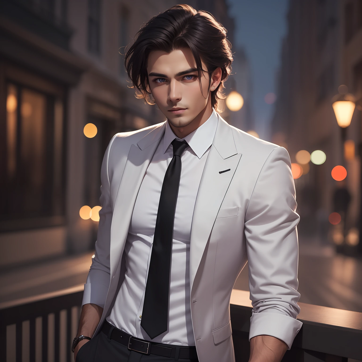 (Masterpiece) 8K resolution, top quality, handsome young man with hair raked, beardless, jet black long hair, purple eyes, model style, black suit, white shirt, unbuttoned chest, gentle face, night view