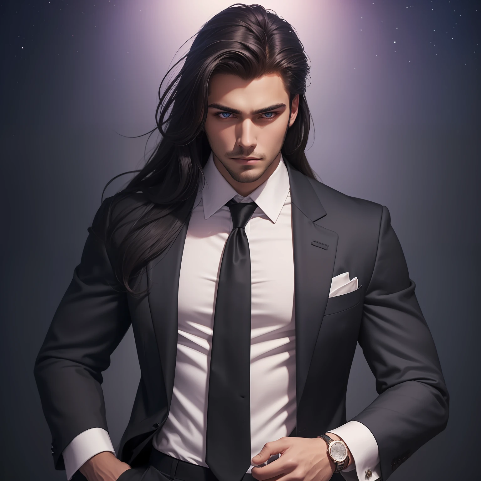 (Masterpiece) 8K resolution, top quality, handsome young man with hair raked, beardless, jet black long hair, purple eyes, model style, black suit, white shirt, unbuttoned chest, gentle face, night view