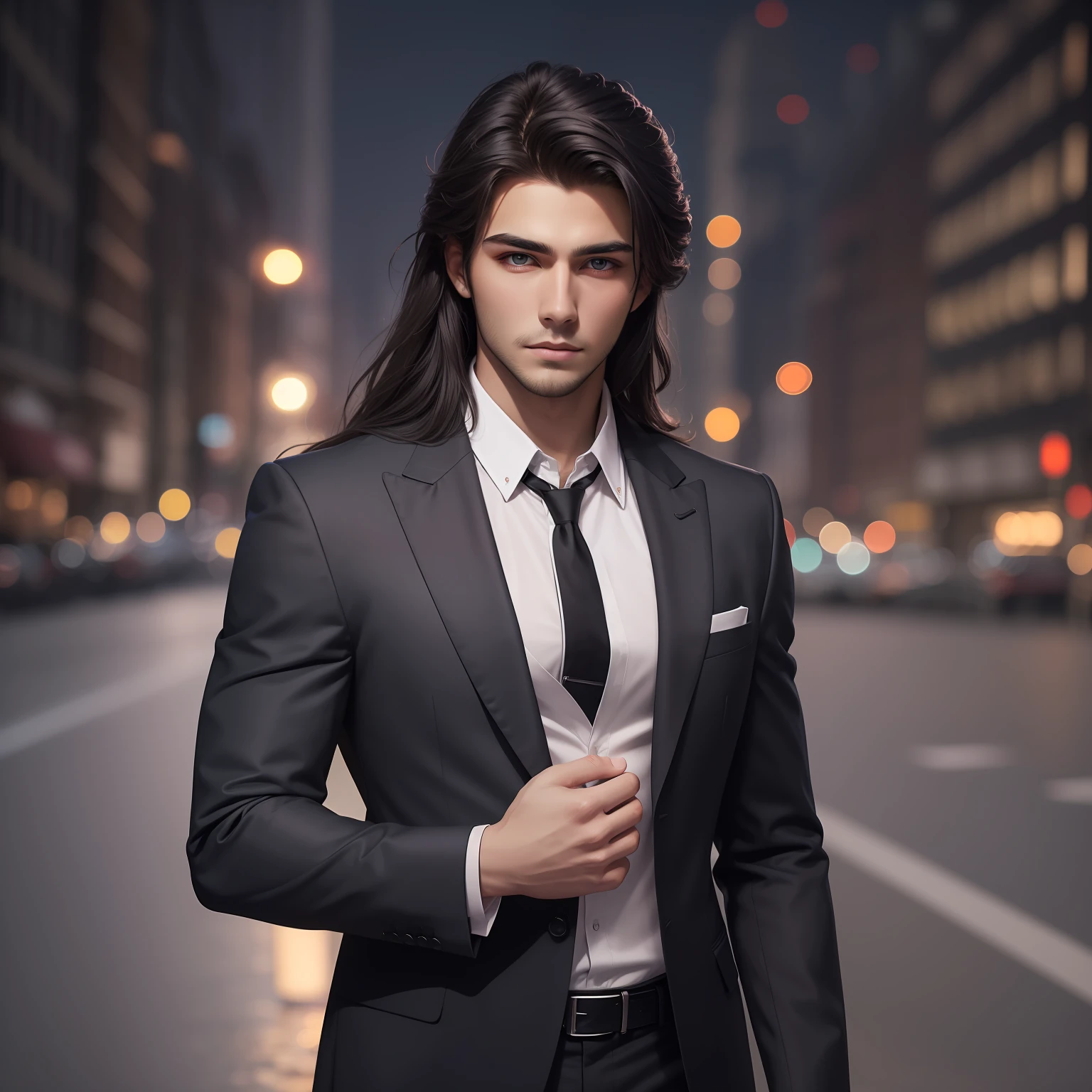(Masterpiece) 8K resolution, top quality, handsome young man with hair raked, beardless, jet black long hair, purple eyes, model style, black suit, white shirt, unbuttoned chest, gentle face, night view