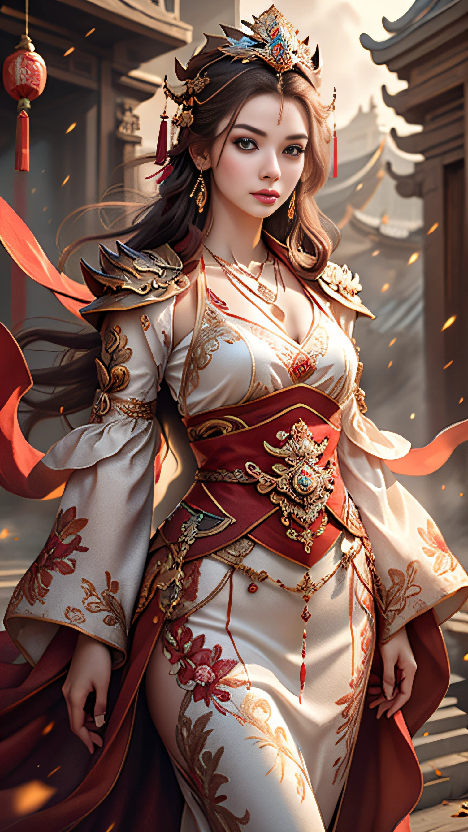 Best quality, masterpiece, ultra-detailed high resolution, (charming: 2.0), (very seductive hot eyes: 2.0), (realistic: 1.4), original photos, illustrations, wanjian, multiple weapons (luminous weapons) 1 girl dancing, (Solo: 1.2), (Cowboy Lens: 1.2), (Hair Crown: 1.2), Chinese Dunhuang Traditional Costumes, (Red Eyeliner: 1.2), (Evil: 1.4), (V-Neck: 1.5), (Large Necklace: 1.4), Lace Armor, (Evil Eye: 2.0), (Audience: 1.5), Earrings, Dynamic Angle, Opera House, messy_long_hair, Ink, Cinema Lighting, lens_flare, Velvet, Tassels, Ribbons, Color Embroidery, white gold red,