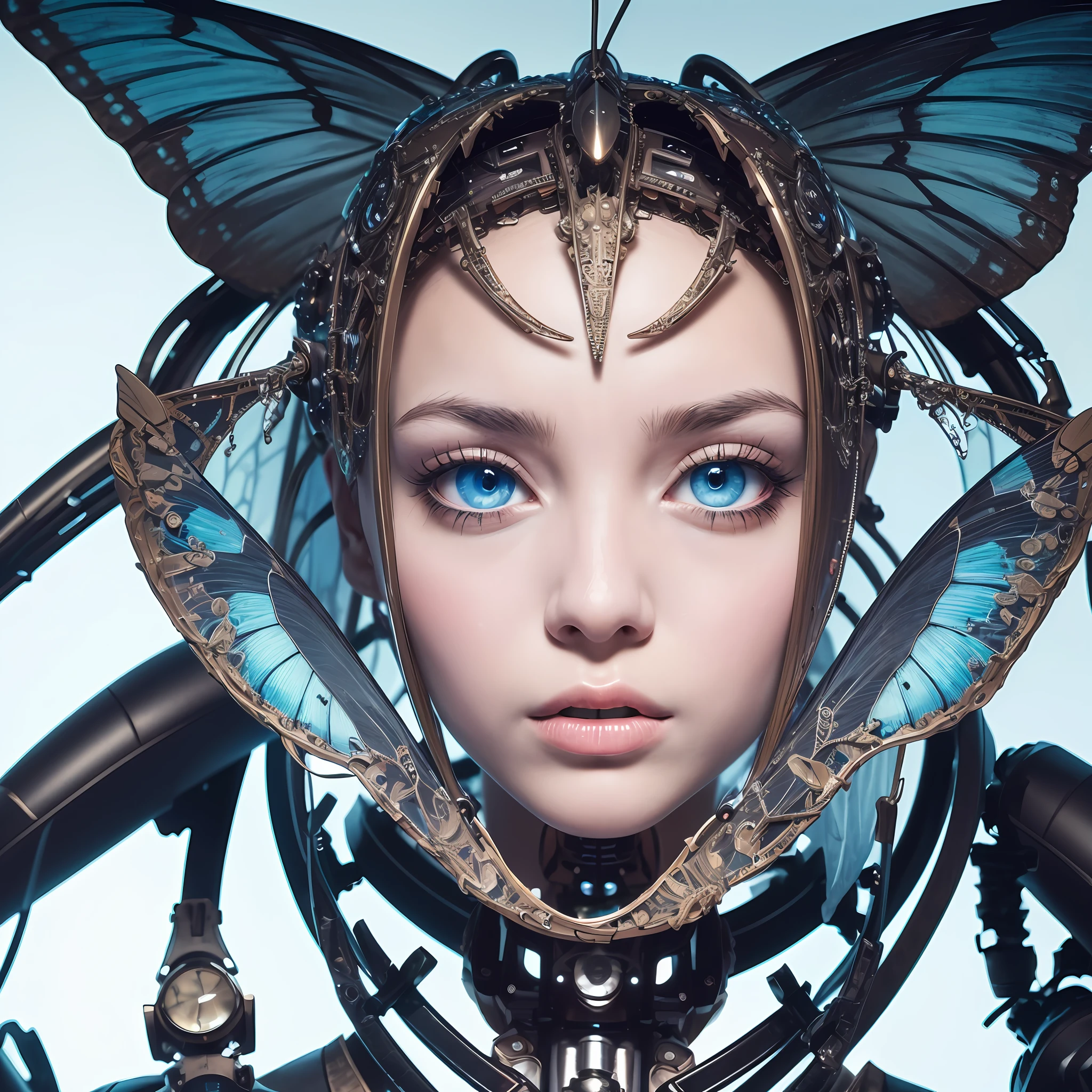 Robot, blue eyes, head with complex mechanical structure, close-up of face, mechanical body, transparent butterfly wings, intricate details, sense of doom