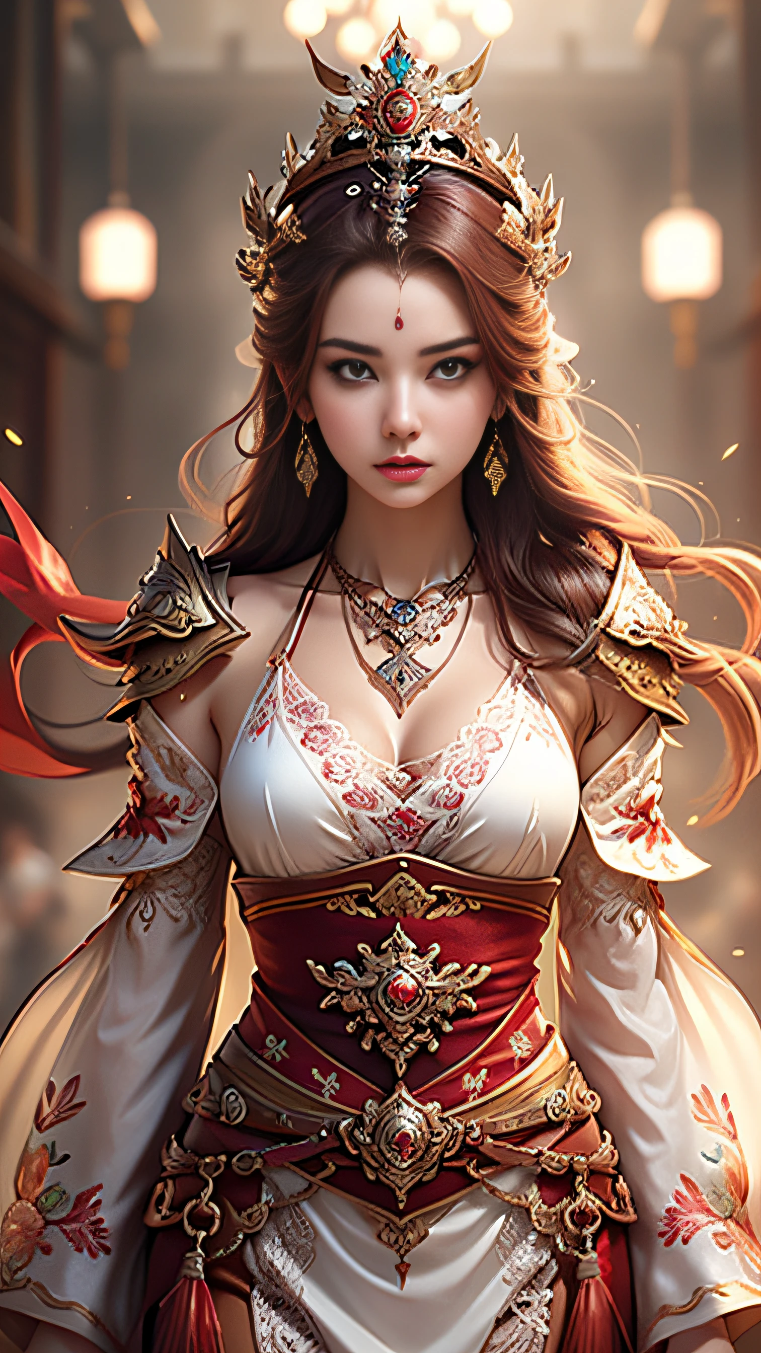 Best quality, masterpiece, ultra-detailed high resolution, (charming: 2.0), (very seductive hot eyes: 2.0), (realistic: 1.4), original photos, illustrations, wanjian, multiple weapons (luminous weapons) 1 girl dancing, (Solo: 1.2), (Cowboy Lens: 1.2), (Hair Crown: 1.2), Chinese Dunhuang Traditional Costumes, (Red Eyeliner: 1.2), (Evil: 1.4), (V-Neck: 1.5), (Large Necklace: 1.4), Lace Armor, (Evil Eye: 2.0), (Audience: 1.5), Earrings, Dynamic Angle, Opera House, messy_long_hair, Ink, Cinema Lighting, lens_flare, Velvet, Tassels, Ribbons, Color Embroidery, white gold red,