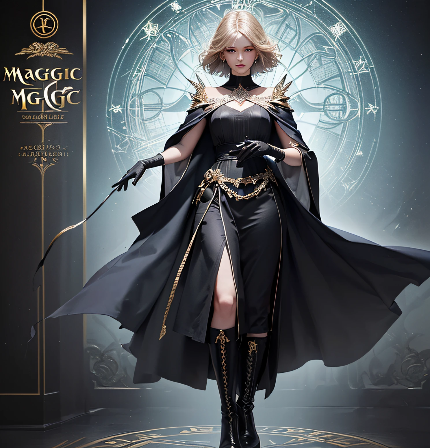 (((extremely detailed eyes and face))),(realistic face:1.1), (hyperrealistic:1.1), ((full_body)), perfect eyes,(bright skin:1.2), looking at the viewer, (((hairstyle))), (((perfect hands))), (extremely detailed background), ((dynamic background) ), (((lightning)), (magic circle), (((1girl)), wearing cape, (((fluttering cover))), ((detailed eyes, high quality eyes, high quality face)), ((standing and front)), (extremely intricate cloaks , magic robes), short hair, casting rays, gothic, black boots, more detail in the circle of magic in the background, gloves, delicate traces of the hands