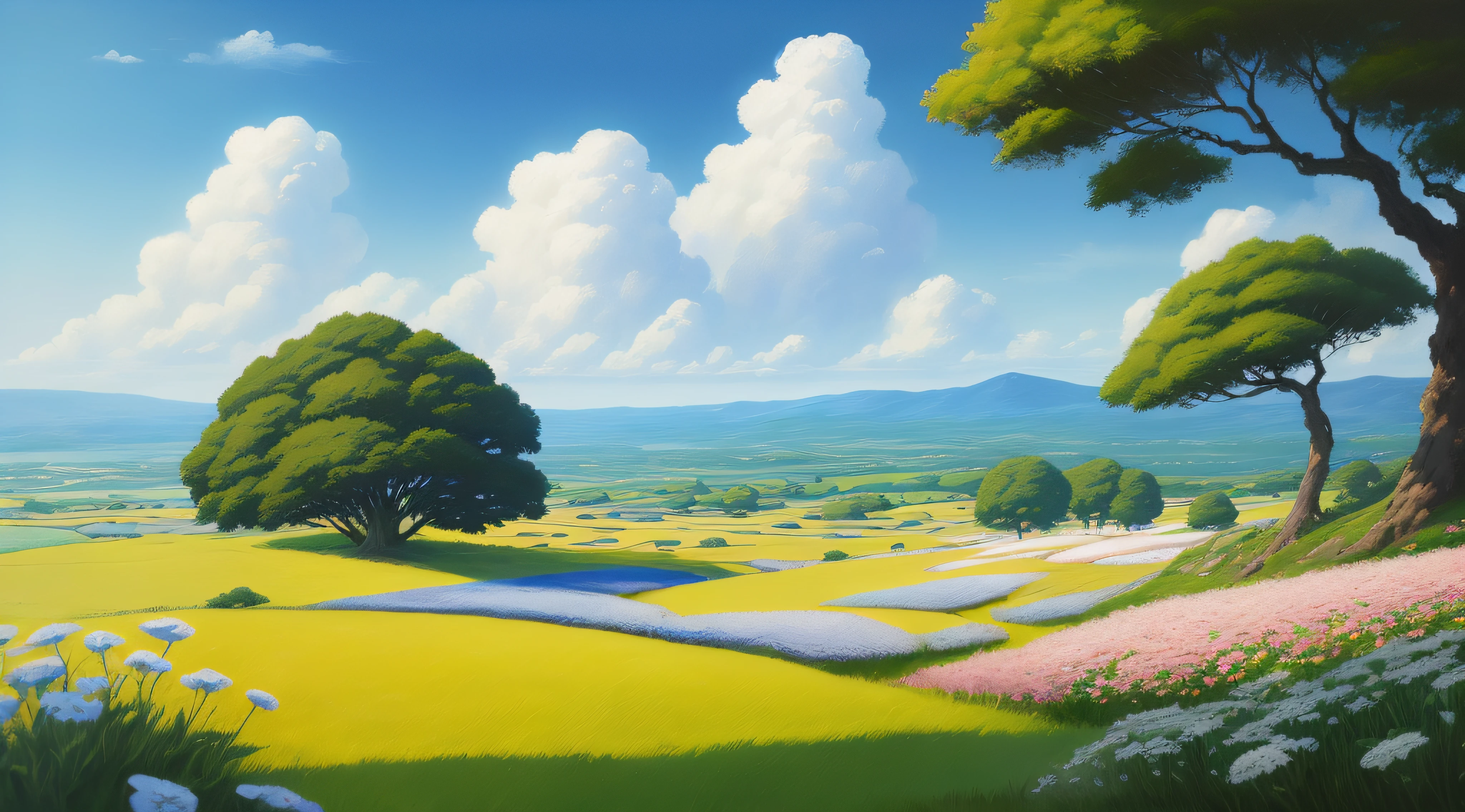 Realistic, authentic, beautiful and amazing landscape oil painting Studio Ghibli Hayao Miyazaki's petal grassland with blue sky and white clouds --v6