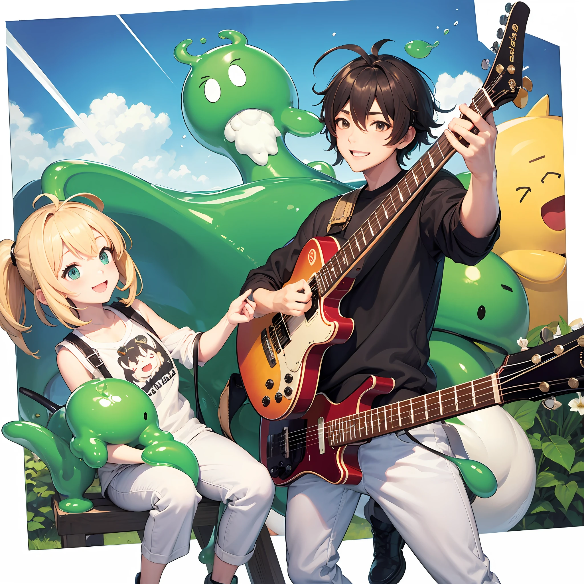 anime, a bunch of bowed hair, ahoge, super huge chest, white summer knit, skinny pants, playing guitar, smiling, slime, --auto