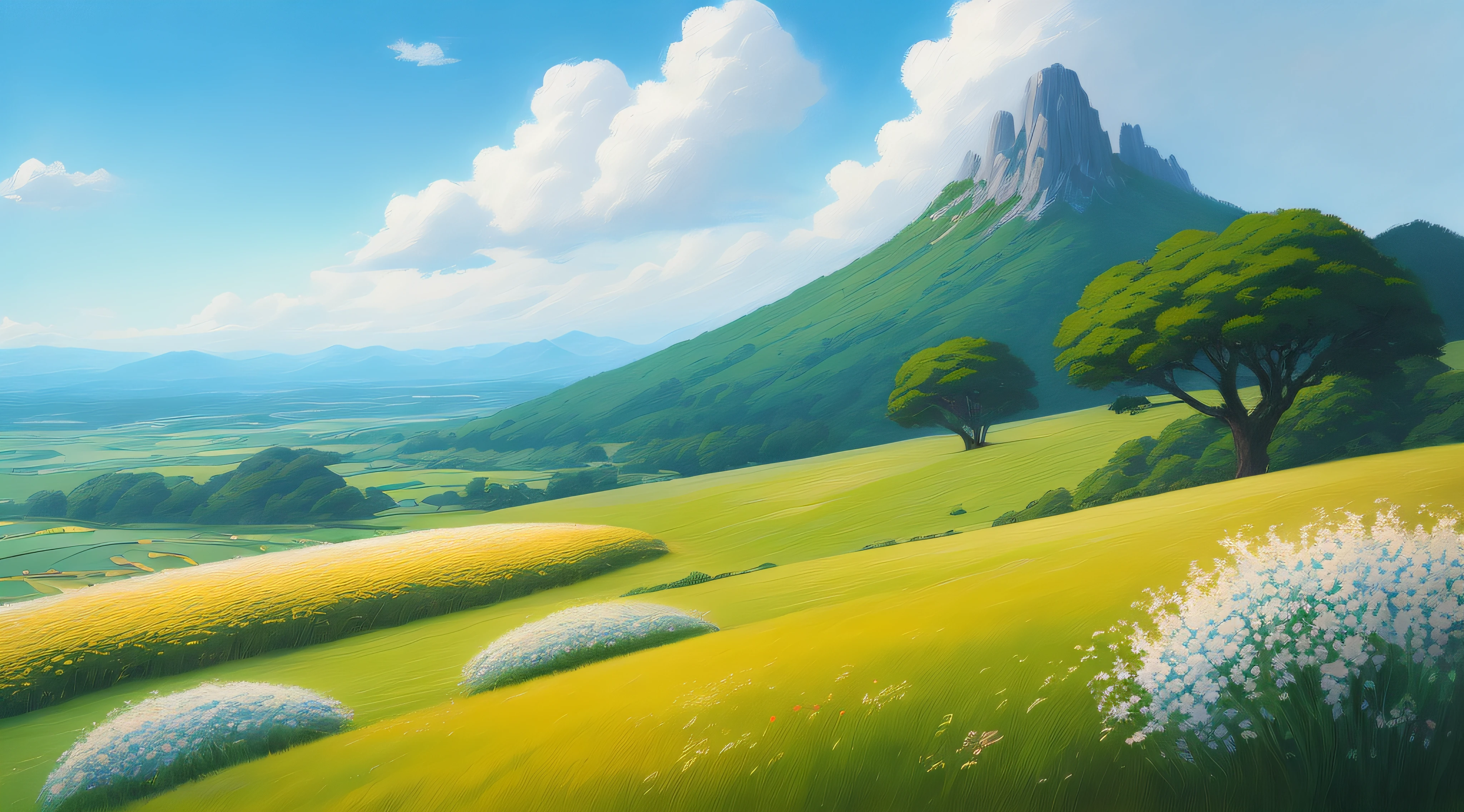 Realistic, authentic, beautiful and amazing landscape oil painting Studio Ghibli Hayao Miyazaki's petal grassland with blue sky and white clouds --v6