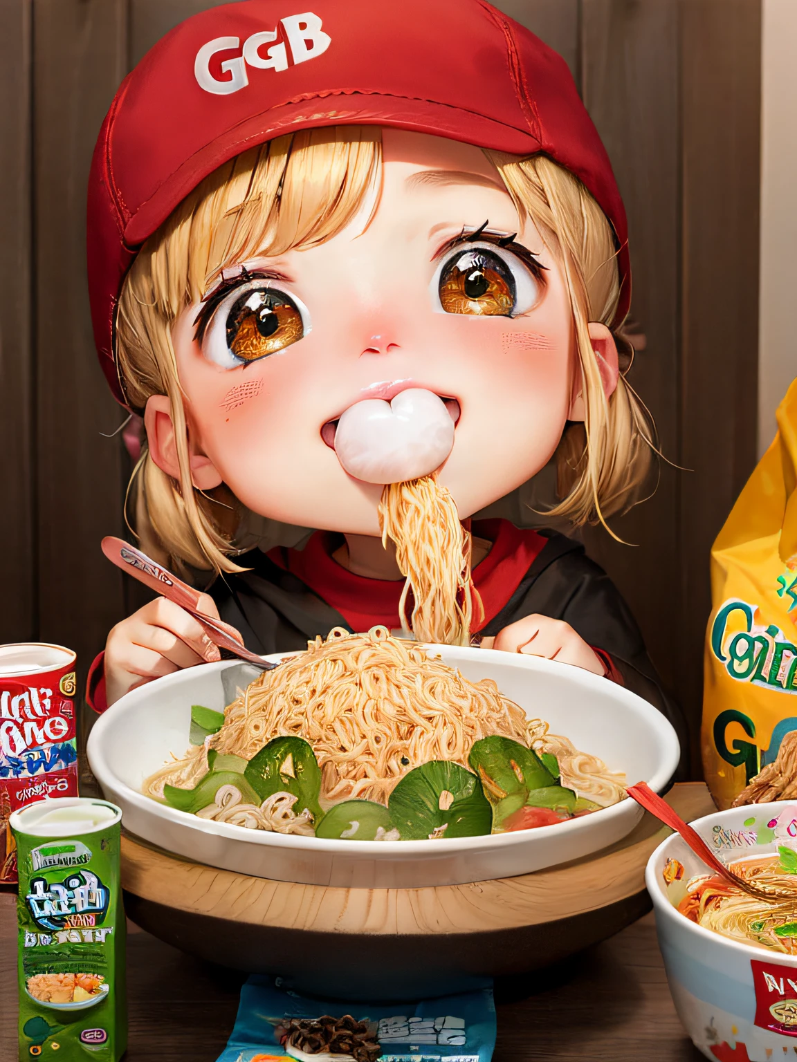 Cartoon style, (GG Bond) Pig's Nose, eating instant noodles, mouth full of happiness