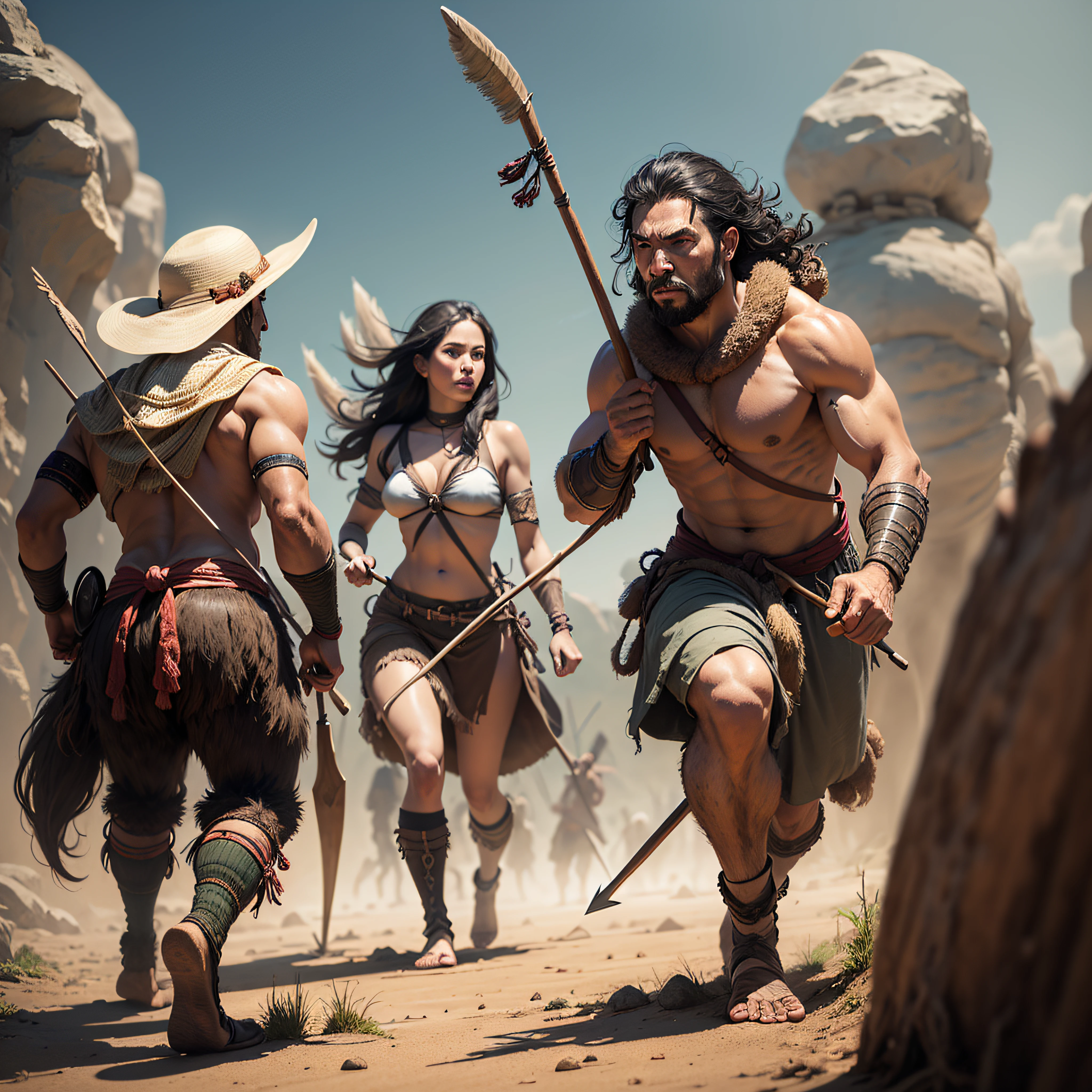 group of prehistoric people hunting using spears and bows
