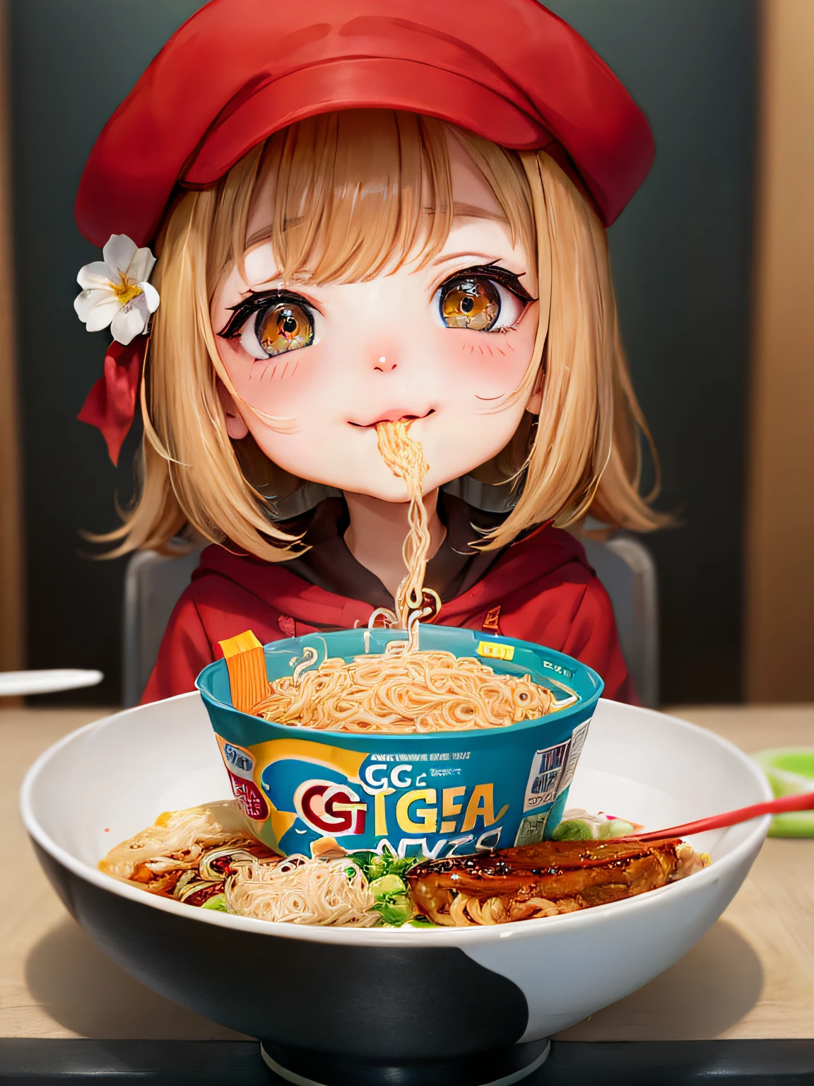 Cartoon style, (GG Bond) Pig's Nose, eating instant noodles, mouth full of happiness