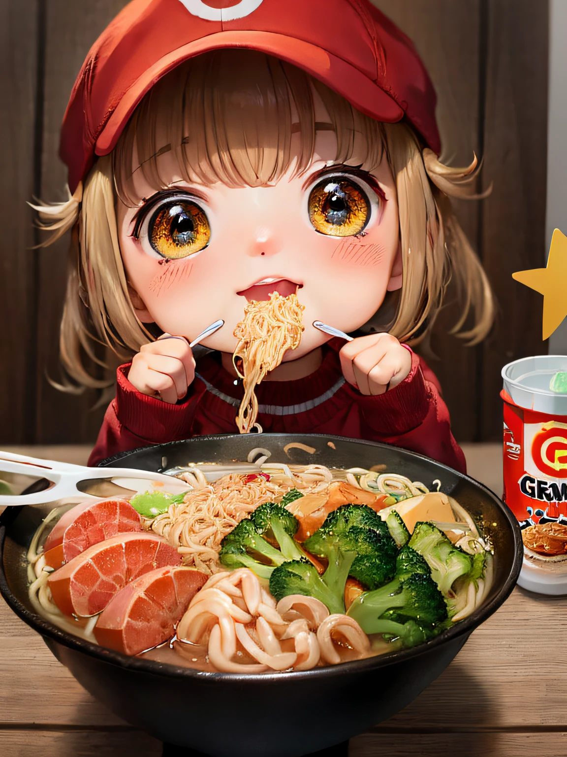 Cartoon style, (GG Bond) Pig's Nose, eating instant noodles, mouth full of happiness