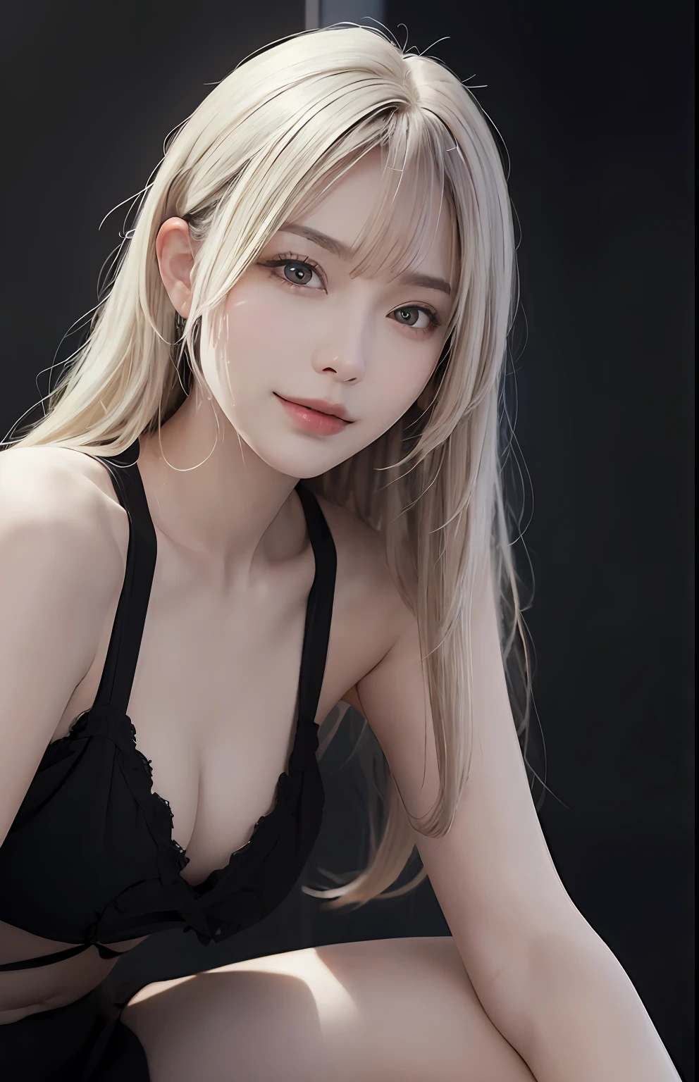 (Ultra Realistic), (Illustration), (High Resolution), (8K), (Very Detailed), (Best Illustration), (Beautiful and Detailed Eyes), (Best Quality), (Ultra Detailed), (Masterpiece), (Wallpaper), (Detailed Face), Solo, One Girl, Viewer, Fine Detail, Detailed Face, In the Dark, Deep Shadows, Low Key, pureerosfaceace_v1, Smile, Long Hair, 46-point oblique bangs, full body, showing legs, white hair, sitting, legs open
