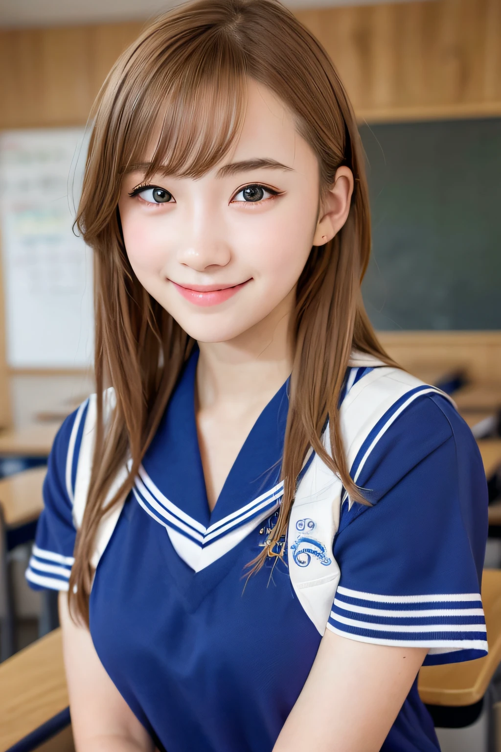 1girl, cute, 16 years old, smiling, look at viewer, sailor uniform, seifuku, photo, realistic, best quality, hires, detailed face, classroom, detailed background, diffused lighting, depth of field, bokeh