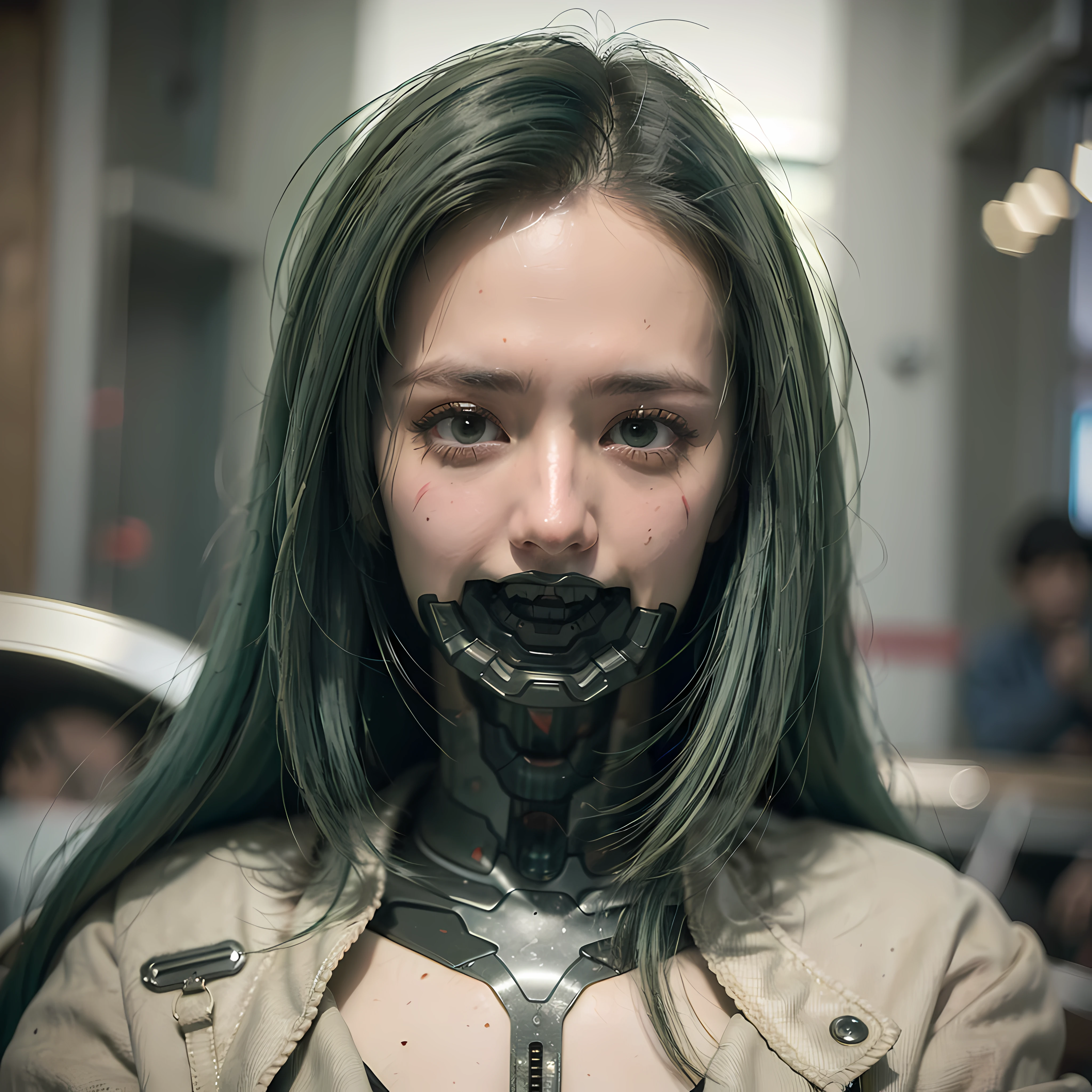 (Photorealistic:1.4), (Best Quality:1.0), (Ultra Resolution:1.0), (8K, RAW Photo), (Masterpiece:0.2), Portrait, Facial Focus,
(Cybernetic_Jawless), mask, mechanical parts, cybernetics, 1 girl, asian girl, jacket, (long hair:1.5), (green hair:1.5),
Cyberpunk Street background, (neon: 1.2),