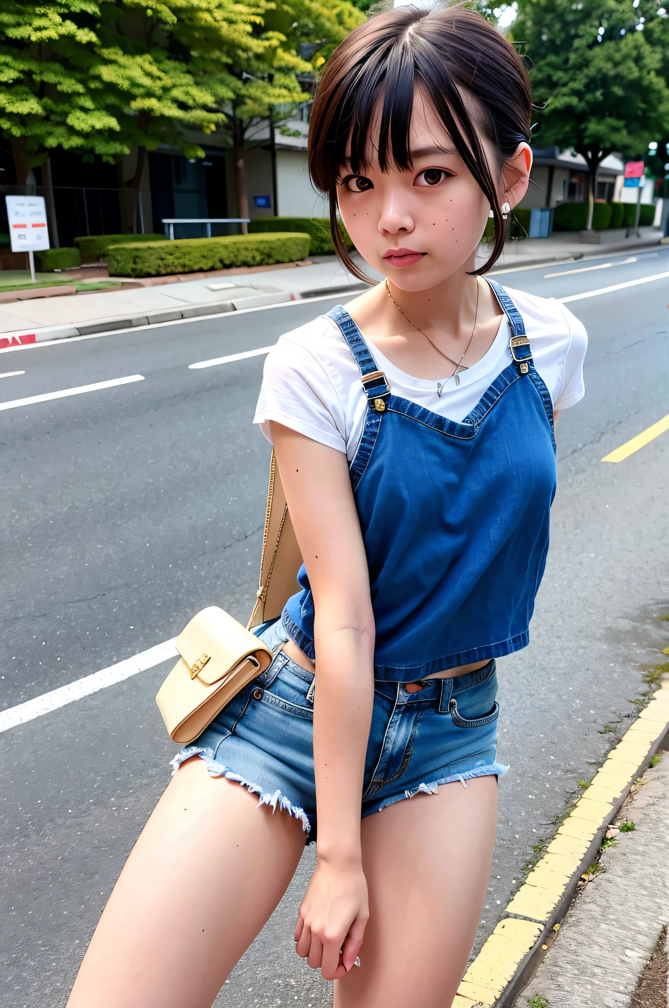 (RAW photos, best quality), (realistic, photorealistic: 1.2), cute girl, detailed sky, tokyo street, detailed eyes, shiny eyes, viewer show, shorts, white t-shirt, short hair, floating hair, short hair, bangs, legs spread, knee socks, panties, brown hair, collarbone, armpits, sleeveless, earrings