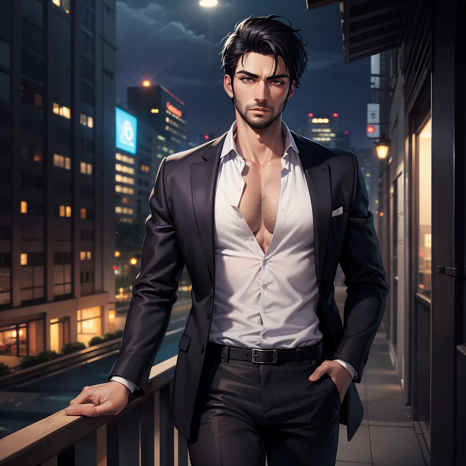 (Masterpiece) 8K resolution, top quality, beautiful sturdy man with hair scraped, beardless, jet black short hair, purple eyes, model style, black suit, white shirt, unbuttoned chest, gentle face, night view