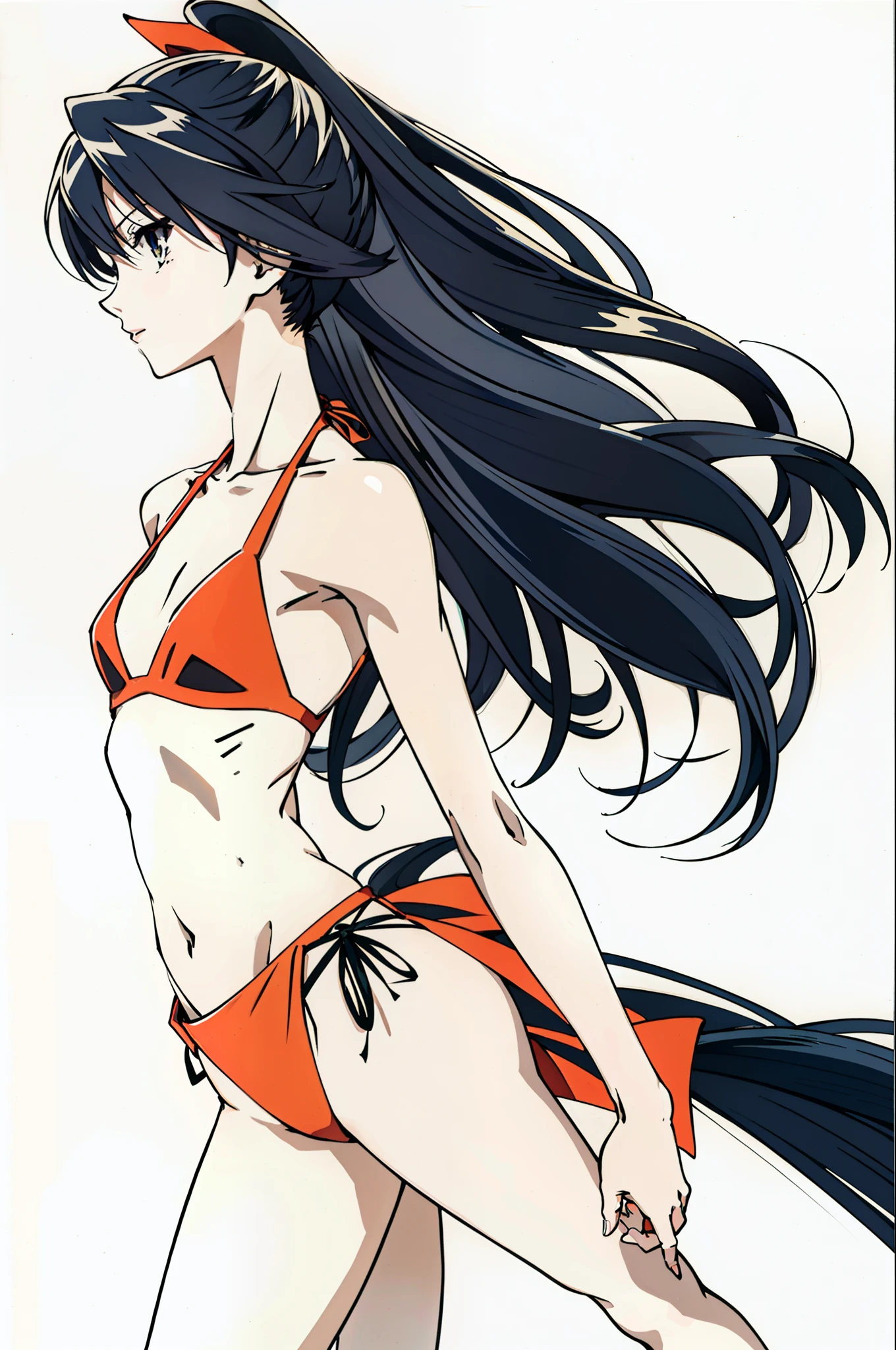 full body portrait photo, beautiful anorexic Asuka Langley, very skinny in bikini, visible bones and ribs, small flat breasts, very small waist, slender legs, beautiful face, very skinny anime girl profile, white background.