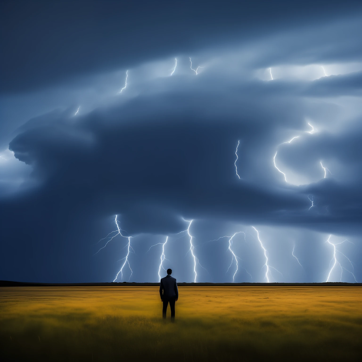 ((Midnight, stormy, Best quality, 8k, Masterpiece:1.3)), a man with his back against a giant monster in the background --auto