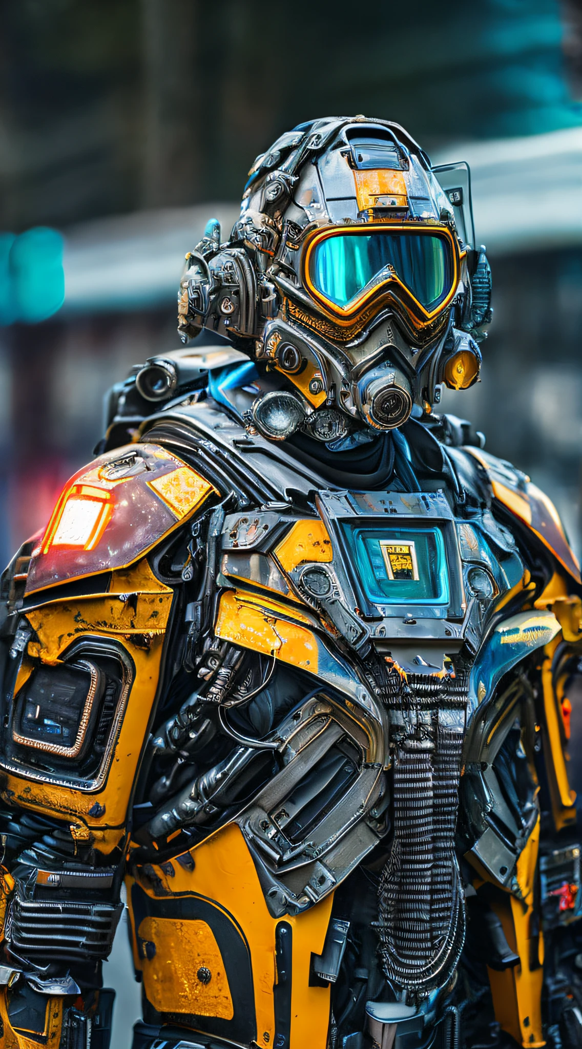 Portrait photo of transparent camo worn mech suit, ((light bokeh)), intricate, ((translucent) liquid water [rust]), elegant, sharp focus, photo by greg rutkowski, soft lighting, vibrant colors, masterpiece, ((streets)), detailed face