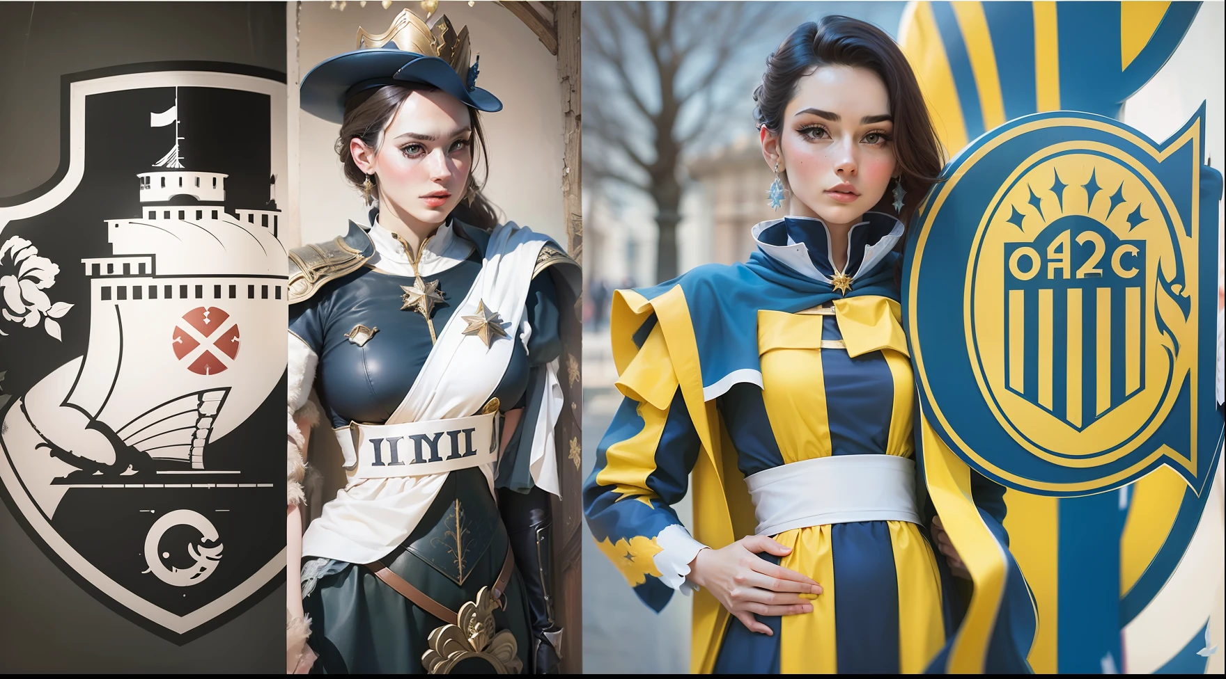 Femenino version of the image two beautiful women princesses dressed as liberators of America of nobility, representing season 32 --auto