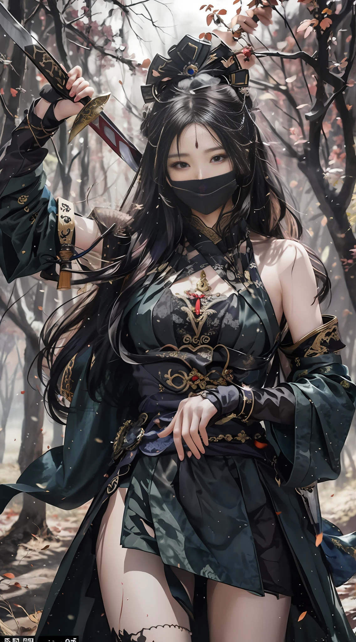 arafed woman in a black dress and mask holding a knife, by Yang J, inspired by Du Qiong, ornate cosplay, dark fantasy style, full body xianxia, inspired by Chen Yifei, forest hunter lady, palace , a girl in hanfu, a beautiful fantasy empress, beautiful necromancer, anime girl cosplay, full body wuxia