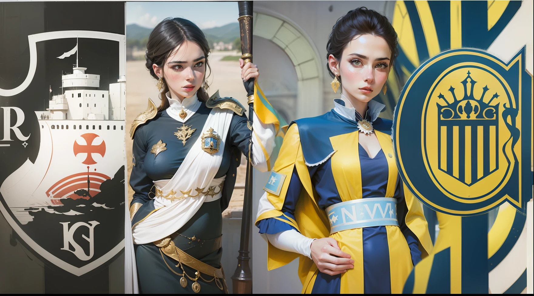 Femenino version of the image two beautiful women princesses dressed as liberators of America of nobility, representing season 32 --auto