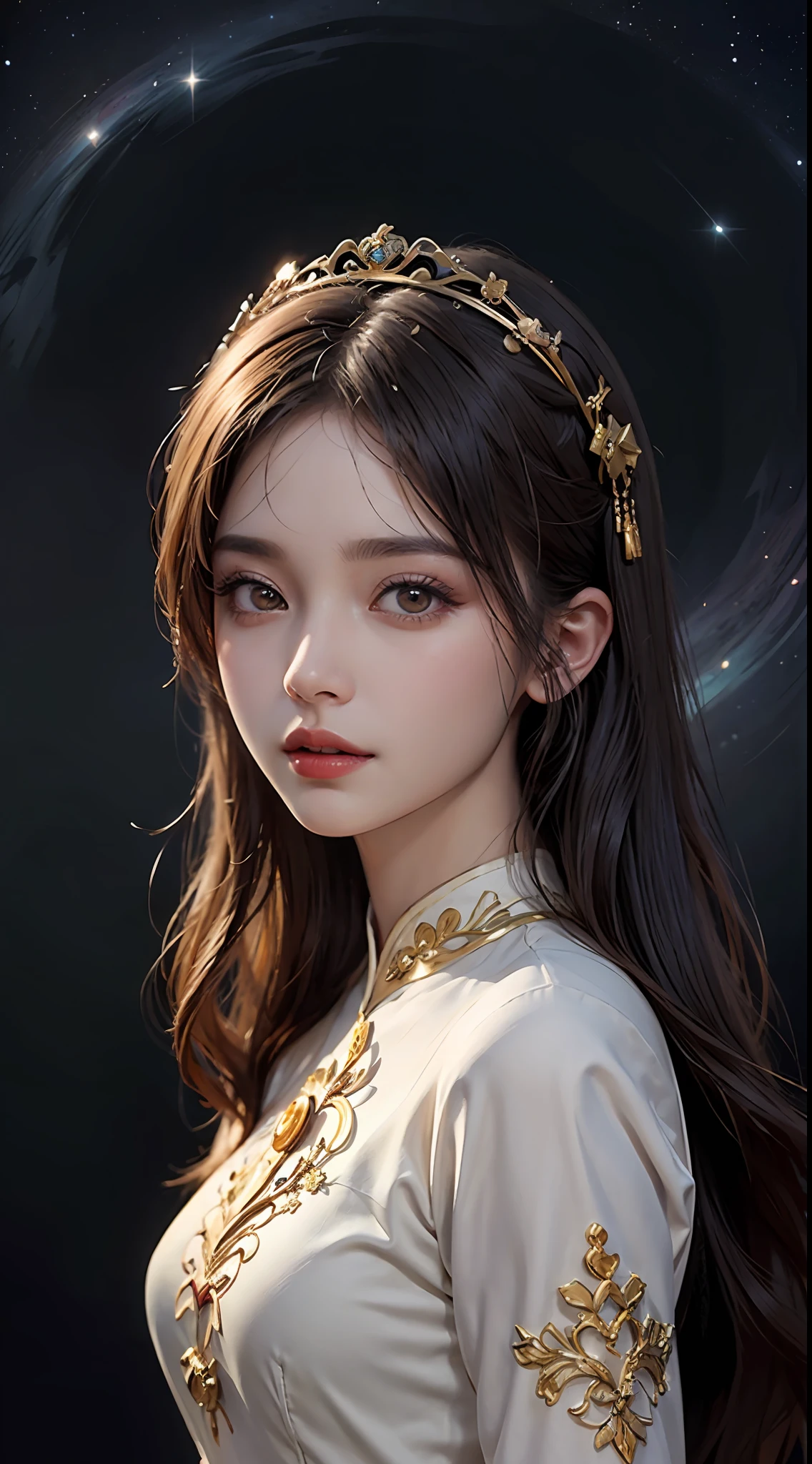 1 27-year-old girl, 1 zodiac goddess from the future, goddess of the pink and purple 12 zodiacs, the goddess of the zodiac in a yellow ao dai, a 12 zodiac ao dai with many black lace detail, mythology Goddess of the 12 zodiacs from the future, zodiac ♏, luxurious glittering zodiac style, dark and mysterious version, zodiac crown, lipstick lips red, thin and beautiful lips, mouth closed, characters made by karol bak and pino daeni, intricate detail, detailed background, extremely detailed, light magic, a woman, clear face, hair long with bangs, beautiful face in detail and well-proportioned eyes, (transparent yellow eyes: 1.8), big round eyes and very beautiful and detailed makeup, foresight, silk dress, mysterious makeup , double bangs and dyed light blonde , upper half portrait, zodiac goddess portrait, arms hanging loosely, Realistic and vivid photo, (stars make up the zodiac: 1.7), (sky background zodiac and fictitious space and time portal: 1.8), fiction art, RAW photo, hanfu picture, best photo, best photo quality, 8k quality, 8k ulta, super realistic, real photo most economical,