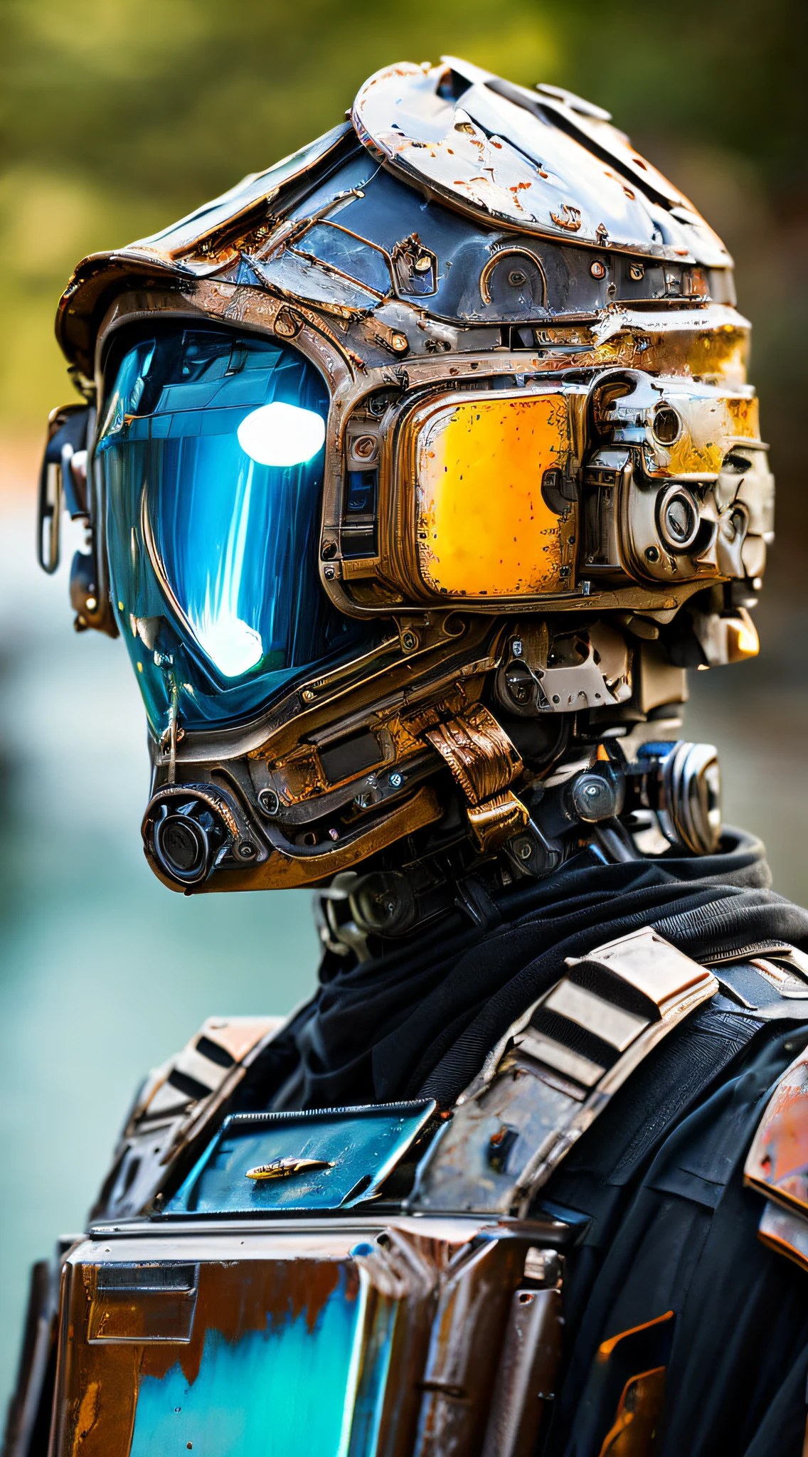 Portrait photo of transparent camo worn mech suit, ((light bokeh)), intricate, ((translucent) liquid water [rust]), elegant, sharp focus, photo by greg rutkowski, soft lighting, vibrant colors, masterpiece, ((streets)), detailed face