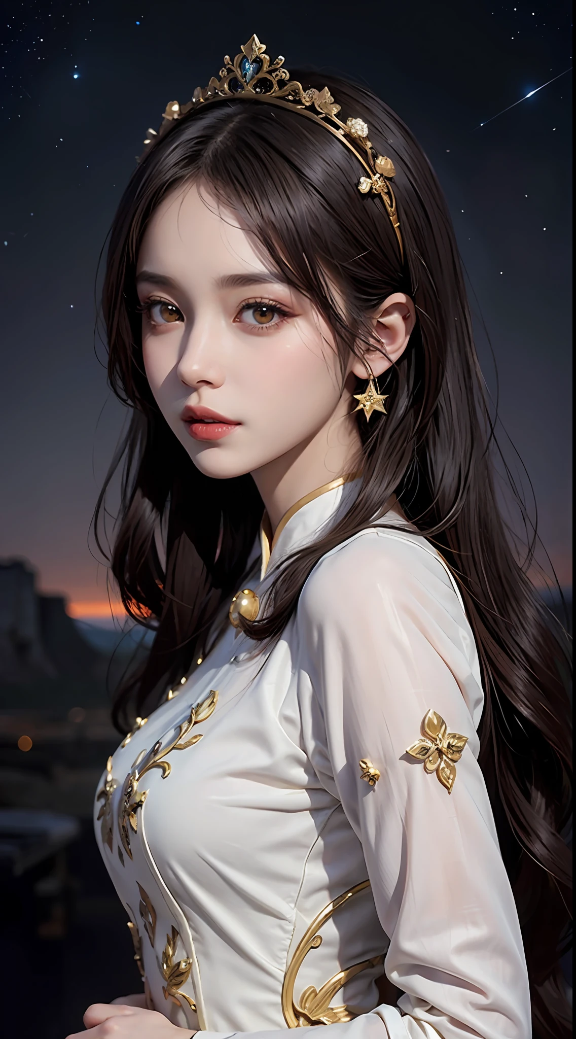 1 27-year-old girl, 1 zodiac goddess from the future, goddess of the pink and purple 12 zodiacs, the goddess of the zodiac in a yellow ao dai, a 12 zodiac ao dai with many black lace detail, mythology Goddess of the 12 zodiacs from the future, zodiac ♏, luxurious glittering zodiac style, dark and mysterious version, zodiac crown, lipstick lips red, thin and beautiful lips, mouth closed, characters made by karol bak and pino daeni, intricate detail, detailed background, extremely detailed, light magic, a woman, clear face, hair long with bangs, beautiful face in detail and well-proportioned eyes, (transparent yellow eyes: 1.8), big round eyes and very beautiful and detailed makeup, foresight, silk dress, mysterious makeup , double bangs and dyed light blonde , upper half portrait, zodiac goddess portrait, arms hanging loosely, Realistic and vivid photo, (stars make up the zodiac: 1.7), (sky background zodiac and fictitious space and time portal: 1.8), fiction art, RAW photo, hanfu picture, best photo, best photo quality, 8k quality, 8k ulta, super realistic, real photo most economical,