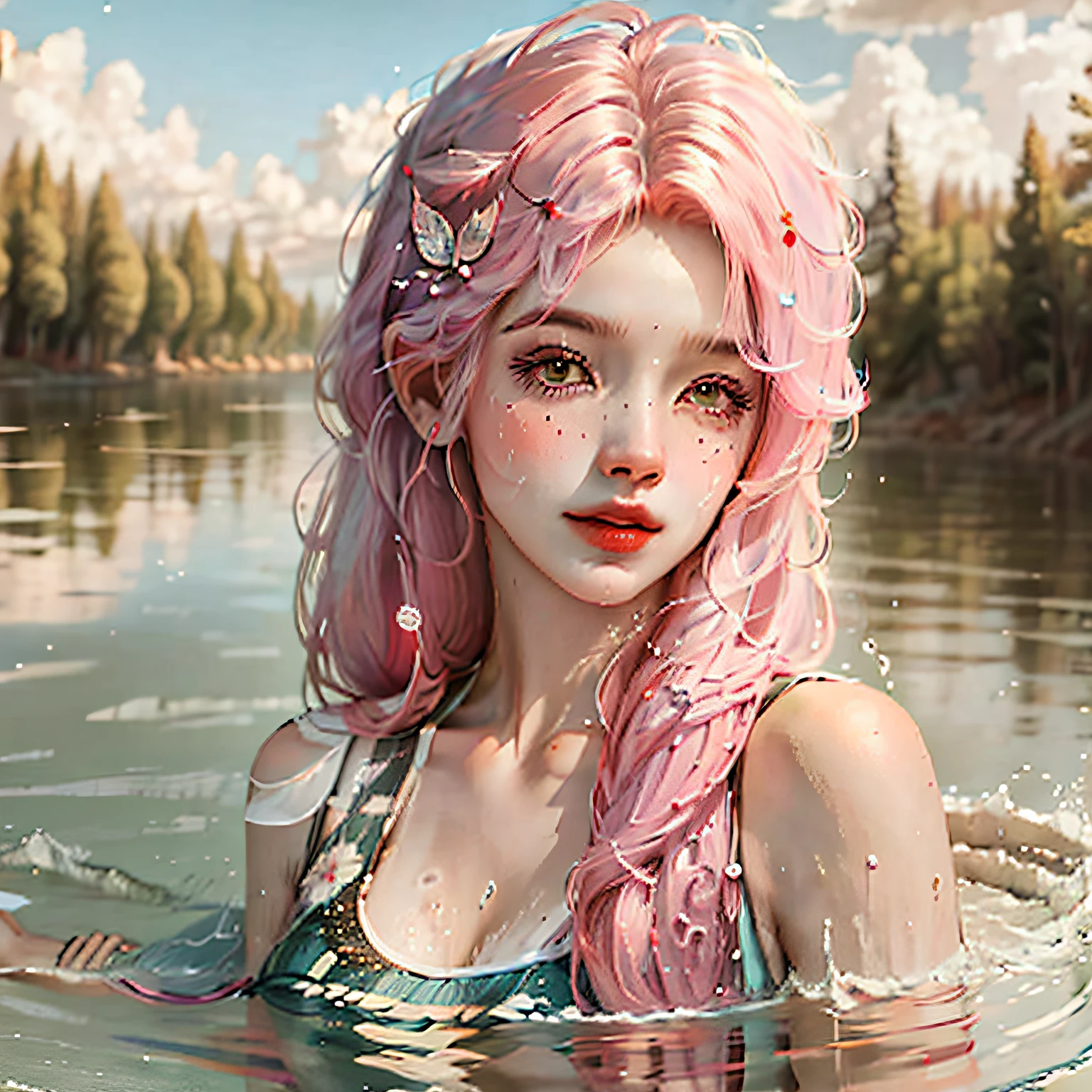 a  girl，PINK HAIR，taking shower，River，looking to the camera，swims，an ultra realistic，high quality，