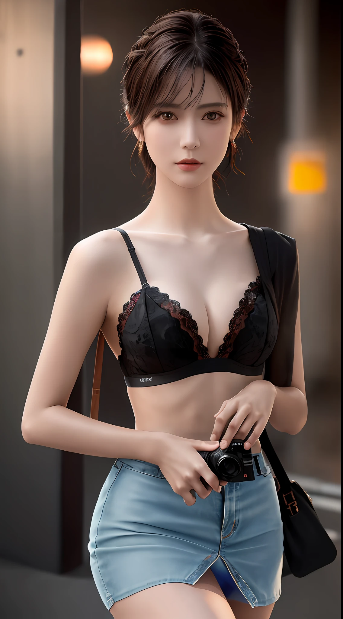 best quality, masterpiece, 1 girl, beautiful face, (photo photo-realistic:1.3), edge lighting, (high detail skin:1.2), 8k ultra hd, dslr camera, high quality, high resolution, 4k, 8k, bokeh, absurd, best ratio four fingers and one thumb, (realistic:1.3), cute 1girl, gorgeous lace brassiere, small breasts, short skirt,