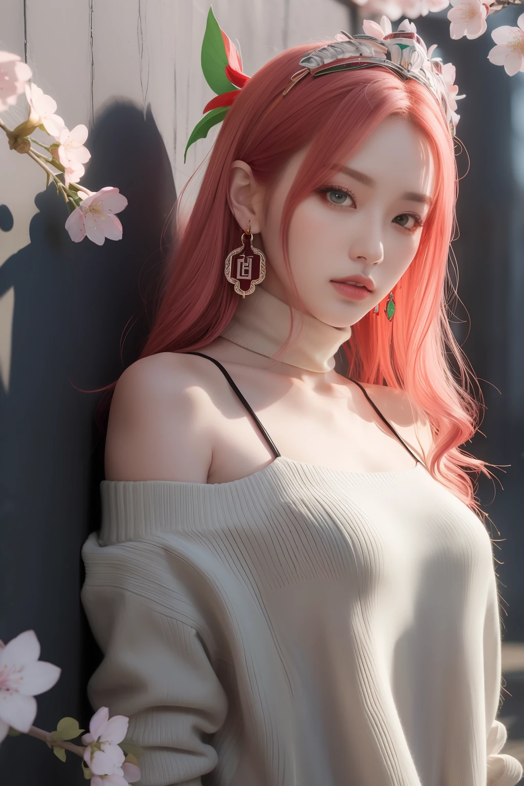 (Masterpiece, Excellent, 1girl, solo, complex details, color difference), realism, ((medium breath)), off-the-shoulders, big breasts, sexy, Yae Miko, long pink hair, red headdress, red highlight, hair above one eye, green eyes, earrings, sharp eyes, perfectly symmetrical figure, choker, neon shirt, open jacket, turtleneck sweater, against the wall, brick wall, graffiti, dim lighting, alley, looking at the audience, ((mean, seductive, charming)), ((cherry blossom background ))),((Japanese temple background)))), (((Glow-in-the-dark background)))