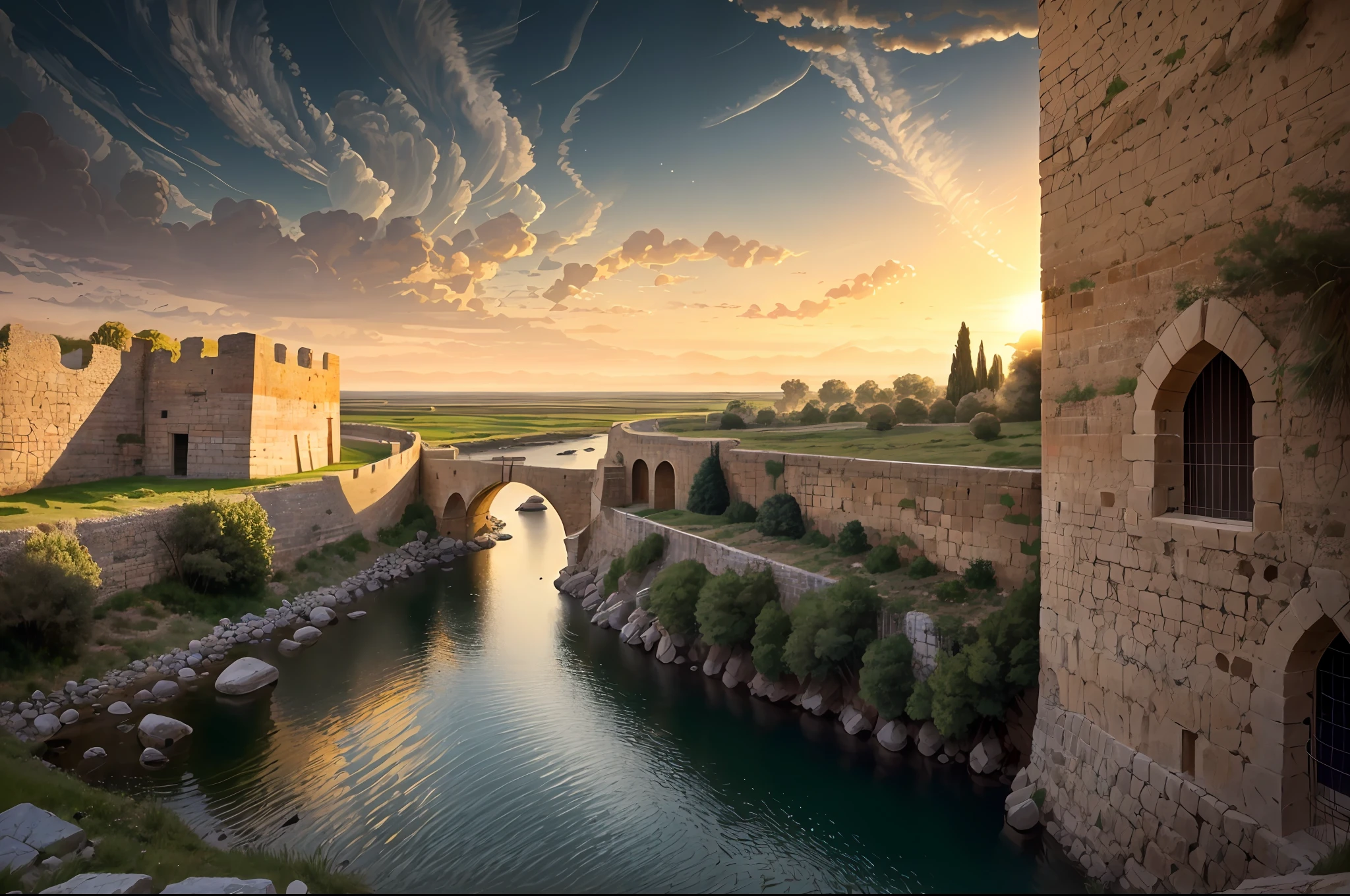 highres, imagination, (realistic), clear sky, composition, sunset, (hdr:1.5), outdoor, intricate details, architecture, ancient, fortified wall of Jericho, biblical era, massive stone walls, imposing watchtowers, sturdy gates, historical authenticity, aerial perspective, by a wide river (Jordan River) --air