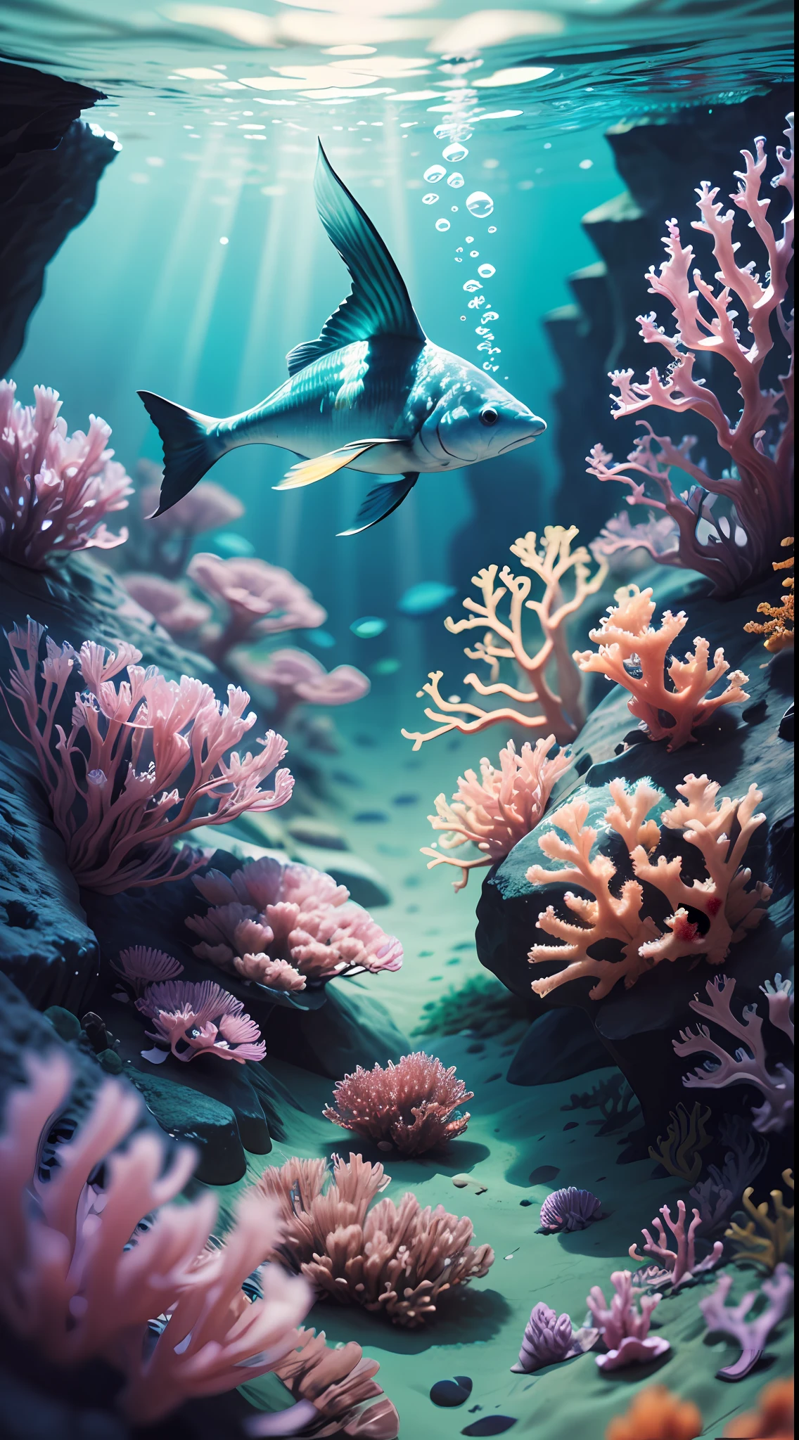 (masterpiece, best quality:1.2), (no humans, cliff, underwater, perspective, from below:1.5), 8k, raw photo, absurdres, beautiful coral reef, rocks, many very small fishs, colorful tropical fishs, light leaks, depth of field, stunning scape, film grain, chromatic aberration, dynamic lighting, dramatic lighting, HDR, photorealistic, film grain, chromatic aberration, highres, ultra detailed, finely detail, extremely detailed, shadow, sharp focus