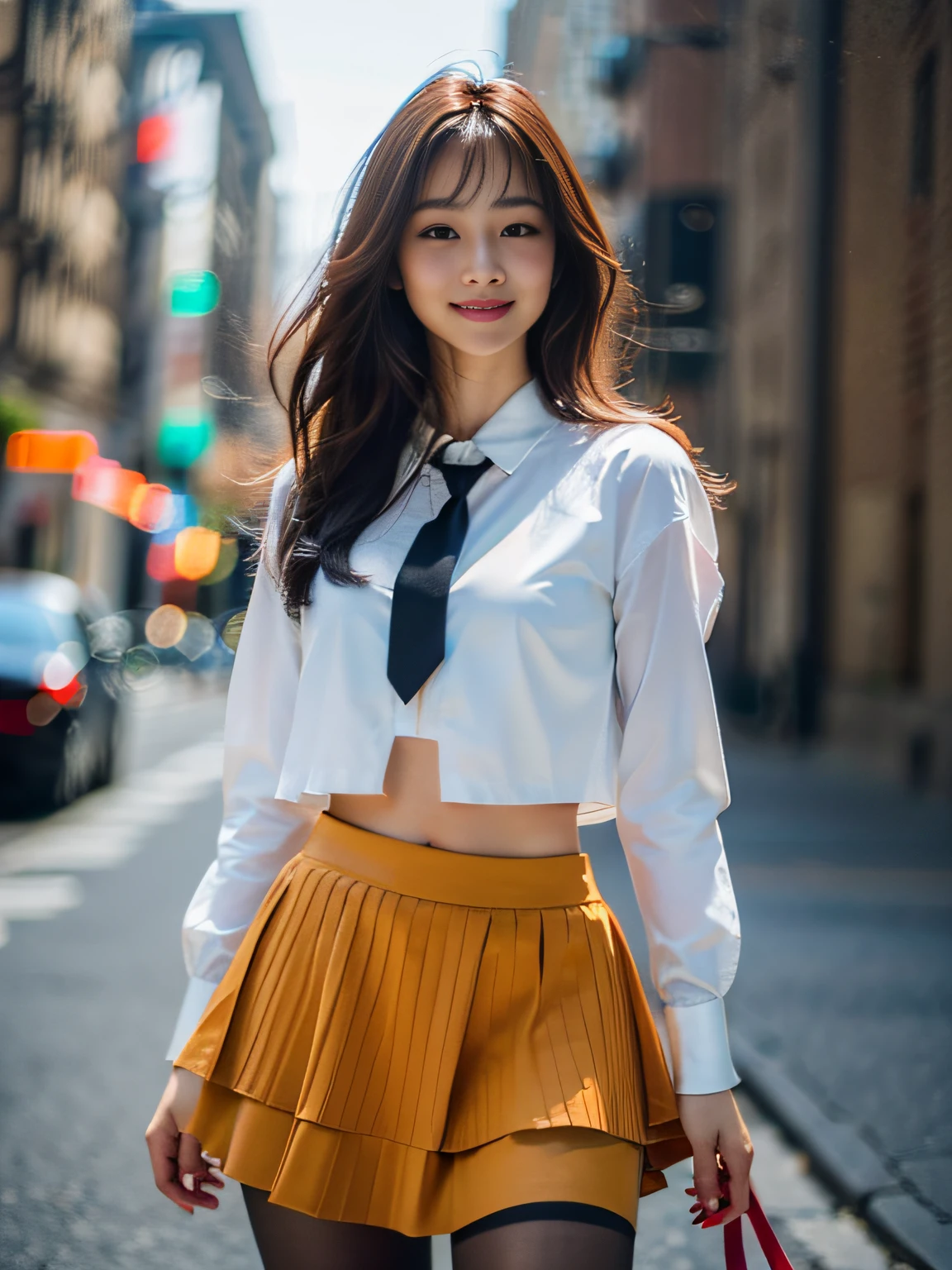 best smile, 1 girl, (viewer), (bokeh: 1.1), parted lips, smile emoticon, realistic, arm down, tights, skirt, skyline, realism, ((best quality, 8K, masterpiece: 1.3)), focus: 1.2, perfect body beauty: 1.4, slightly fat, buttocks: 1.2, (layered hairstyle: 1.2)), ( dark streets: 1.3), highly detailed face and skin texture, full body, delicate eyes, double eyelids, whitening skin, long hair, (round face: 1.5), (loose crop top white shirt, small tie, short skirt: 1.6)