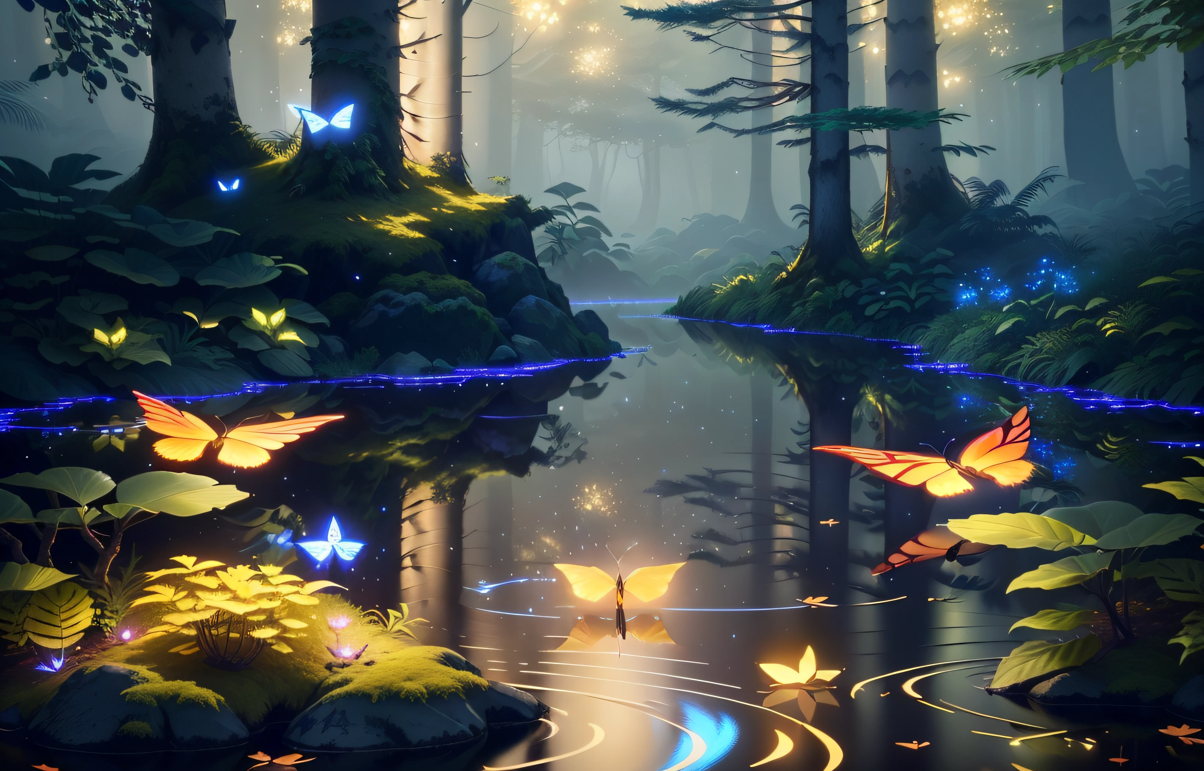 A masterpiece, the best quality, stunning reflections, the best reflections ever. (very detailed CG unity 8k wallpapers), (best quality), (best illustrations), (best shadows), forest theme with natural elements. Tall trees, quiet streams, small glowing mushrooms surrounded by delicate leaves and branches, with fireflies and glowing particle effects,, (natural elements), (jungle theme), (leaves), (twigs), (fireflies), butterflies, (delicate leaves), (glow), (particle effects). , Isometric 3D, Octane Rendering, Ray Traced, Super Detailed