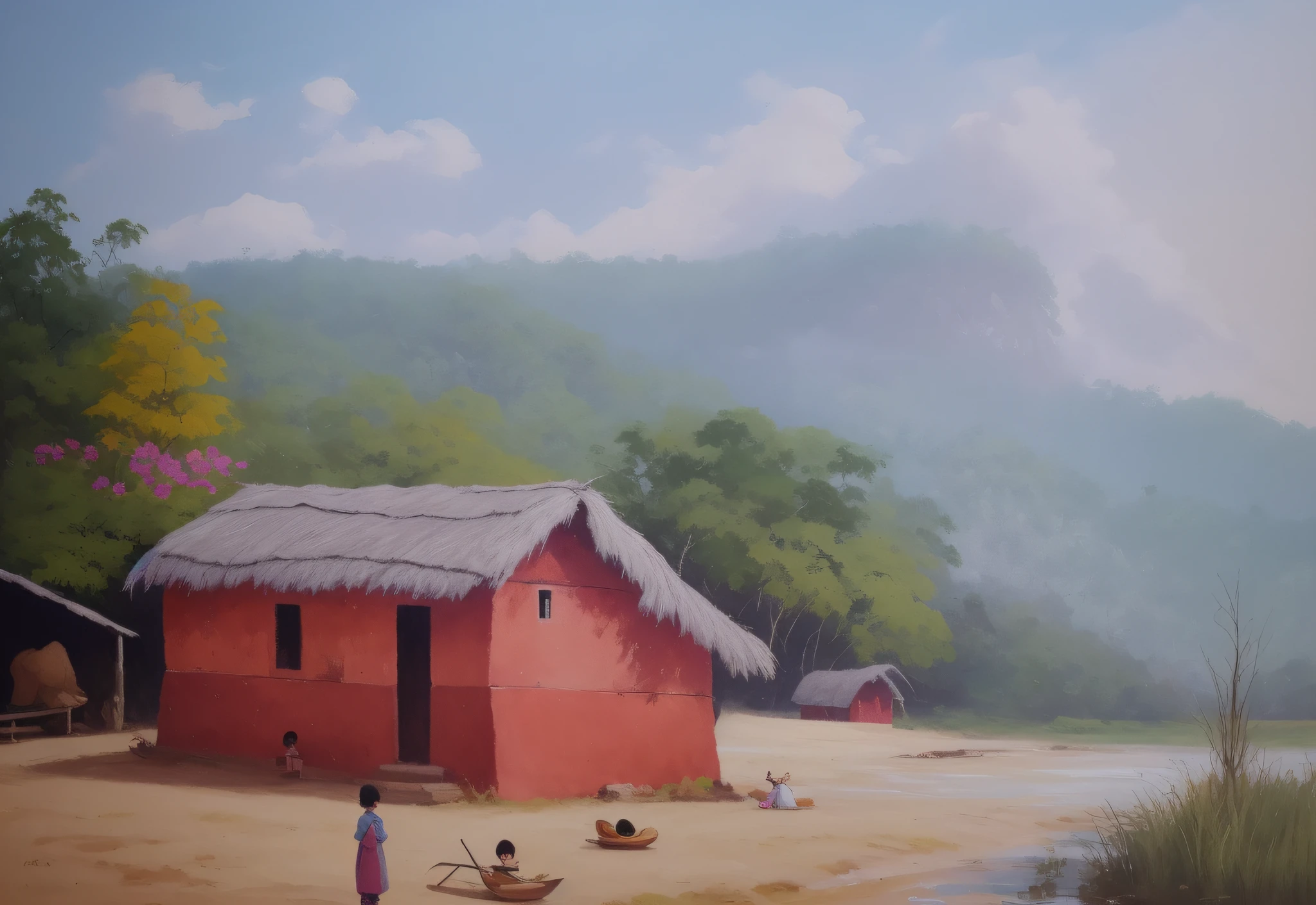 painting of a hut in a field with a river in the background, inspired by Fernando Amorsolo, Direction: Fernando Amorsolo, Direction: Karel Stech, Direction: Karel Klíč, by Alson S. Clark, gouache painting, Kerala Village, hut, traditional art, by T. K. Cushion, Direction: Hans Fischer, super realistic