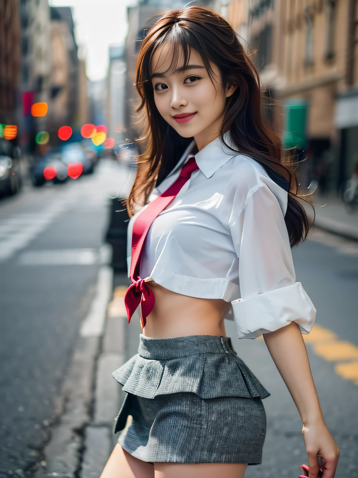 best smile, 1 girl, (viewer), (bokeh: 1.1), parted lips, smile emoticon, realistic, arm down, tights, skirt, skyline, realism, ((best quality, 8K, masterpiece: 1.3)), focus: 1.2, perfect body beauty: 1.4, slightly fat, buttocks: 1.2, (layered hairstyle: 1.2)), ( dark streets: 1.3), highly detailed face and skin texture, full body, delicate eyes, double eyelids, whitening skin, long hair, (round face: 1.5), (loose crop top white shirt, small tie, short skirt: 1.6)
